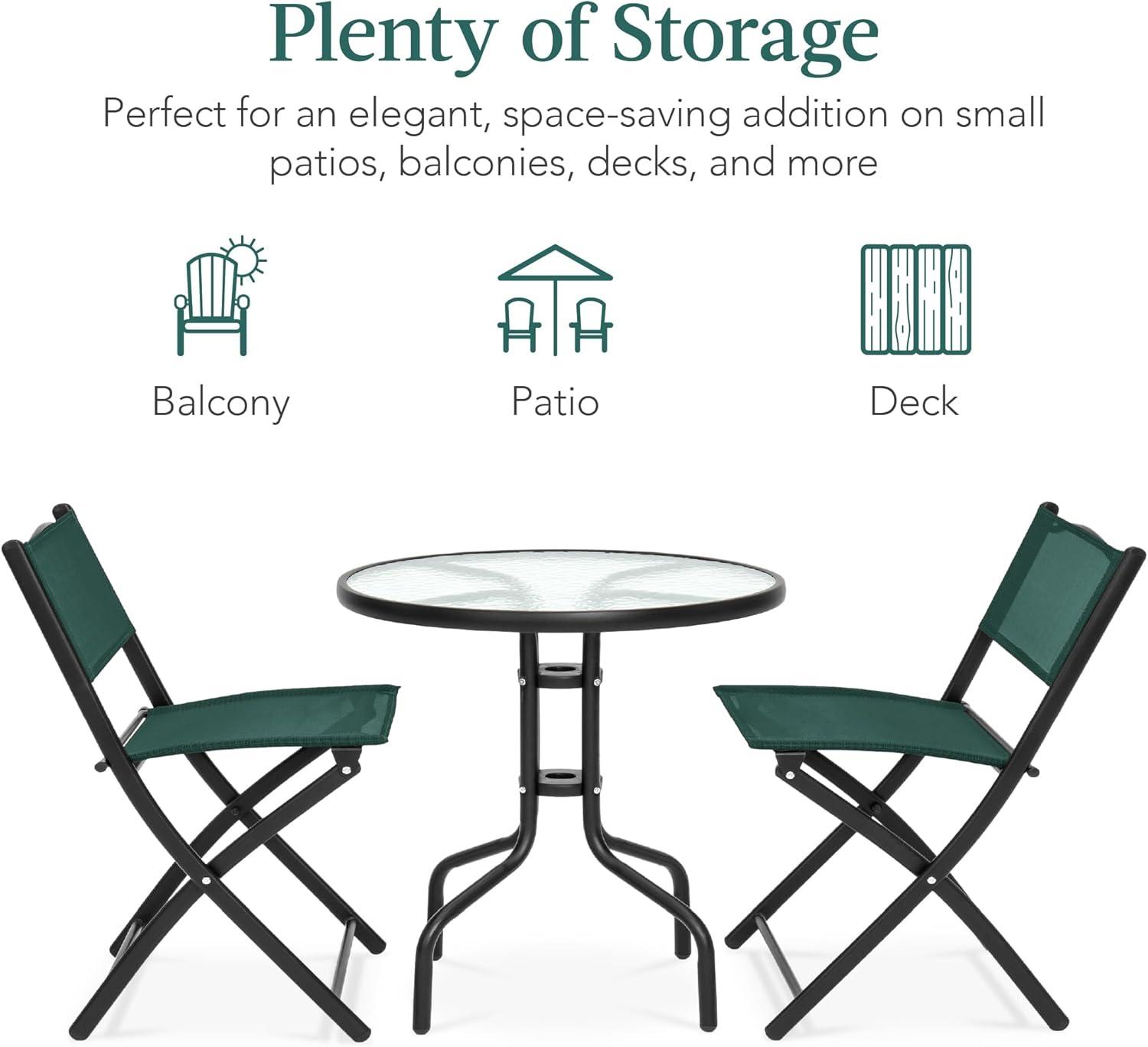 Best Choice Products 3-Piece Patio Bistro Dining Furniture Set w/ Glass Tabletop, Folding Chairs - Dark Green