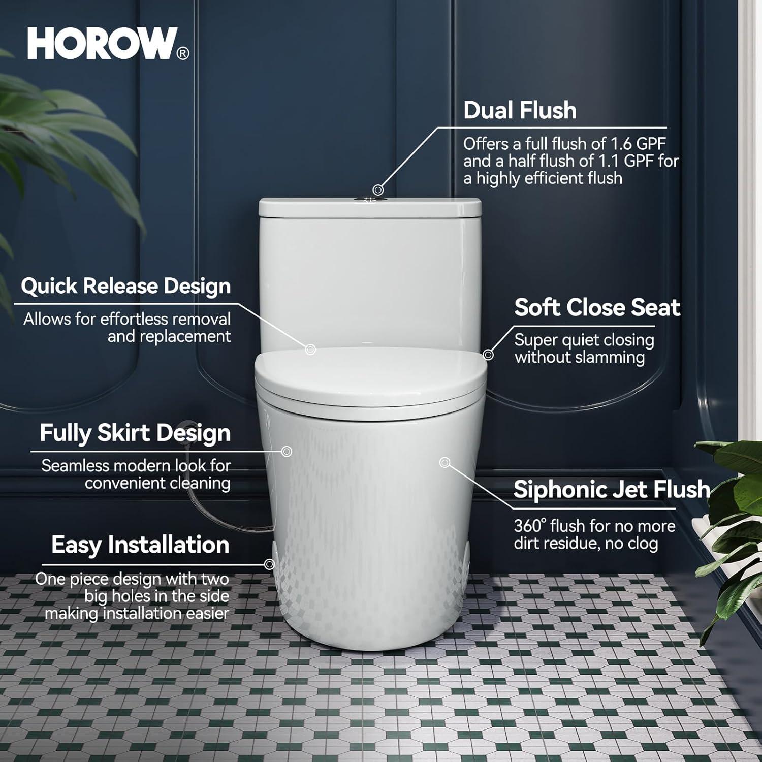 Elongated One-Piece Toilet, Compact Toilet with Soft-Close Seat, 1.1/1.6 GPF Powerful Dual-Flush Toilet for Bathroom
