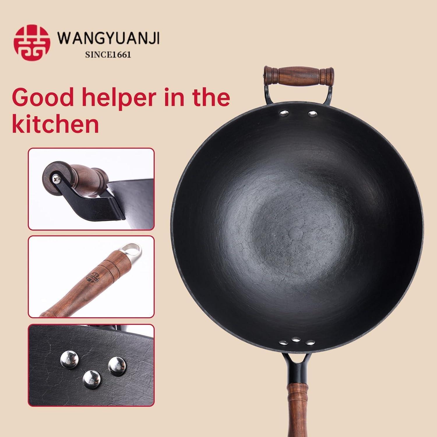 12.6" Handmade Cast Iron Wok - Wooden Lid & Handle, Flat Bottom Pan for All Stoves