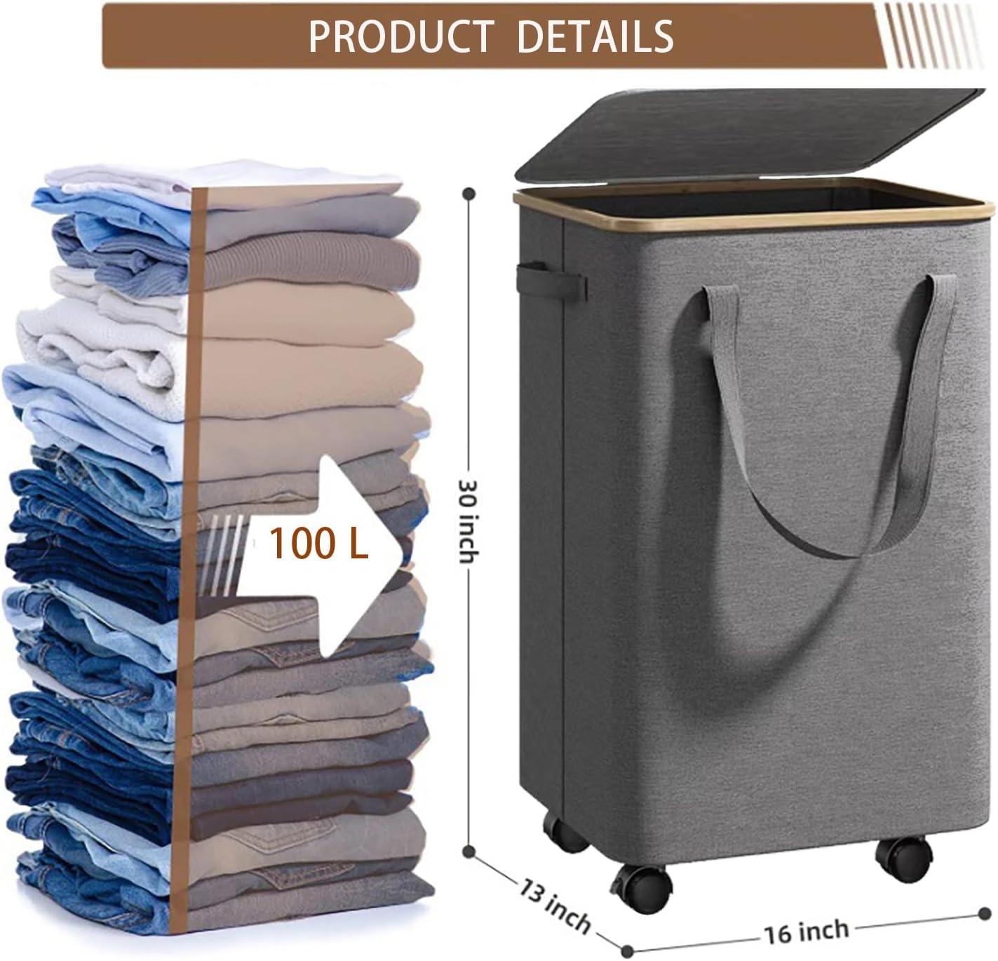 Efluky Laundry Basket with Lid and Removable Bag, 100L Tall Laundry Hamper with Bamboo Handles, Aesthetic Dirty Clothes Bin for Laundry Room, Bathroom, Bedroom and Dorm,Grey