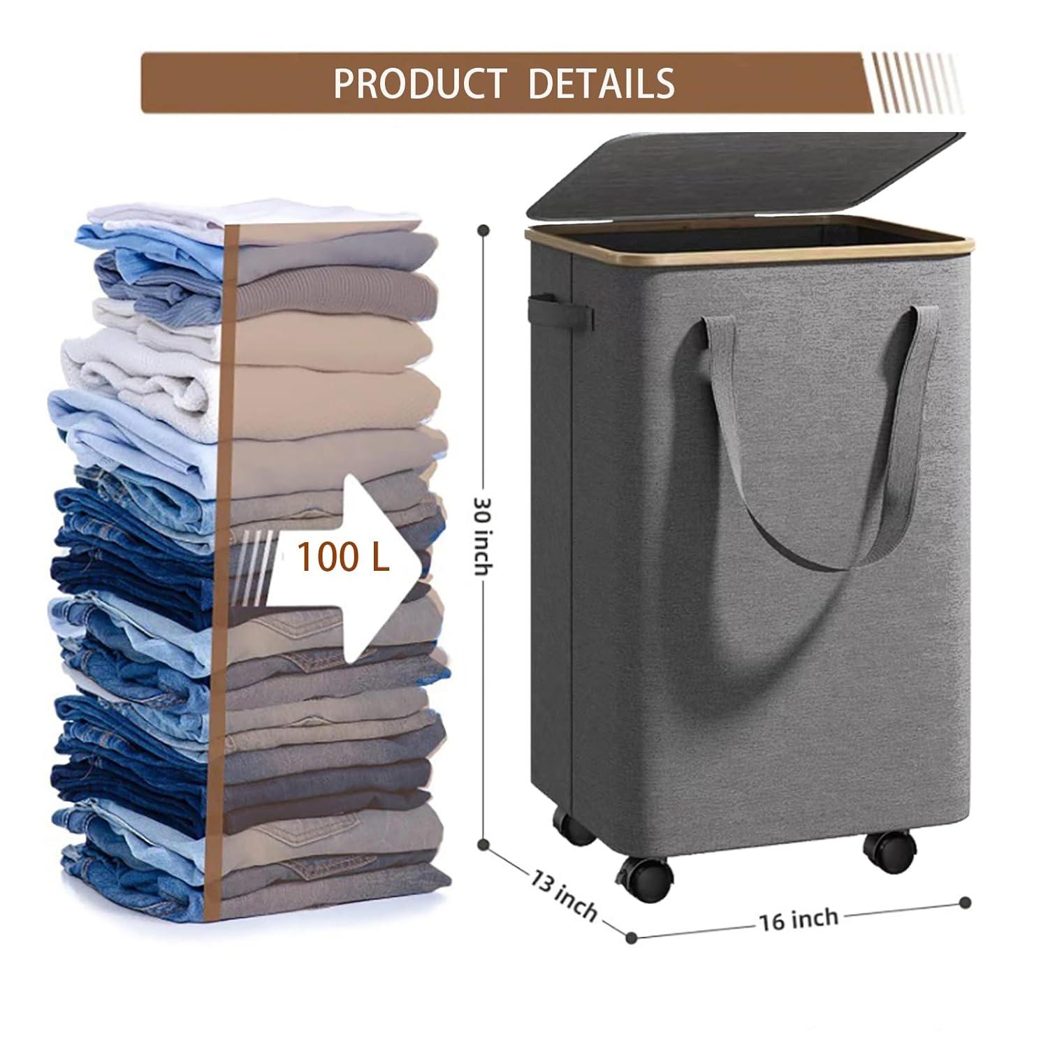 Efluky Laundry Basket with Lid and Removable Bag, 100L Tall Laundry Hamper with Bamboo Handles, Aesthetic Dirty Clothes Bin for Laundry Room, Bathroom, Bedroom and Dorm,Grey