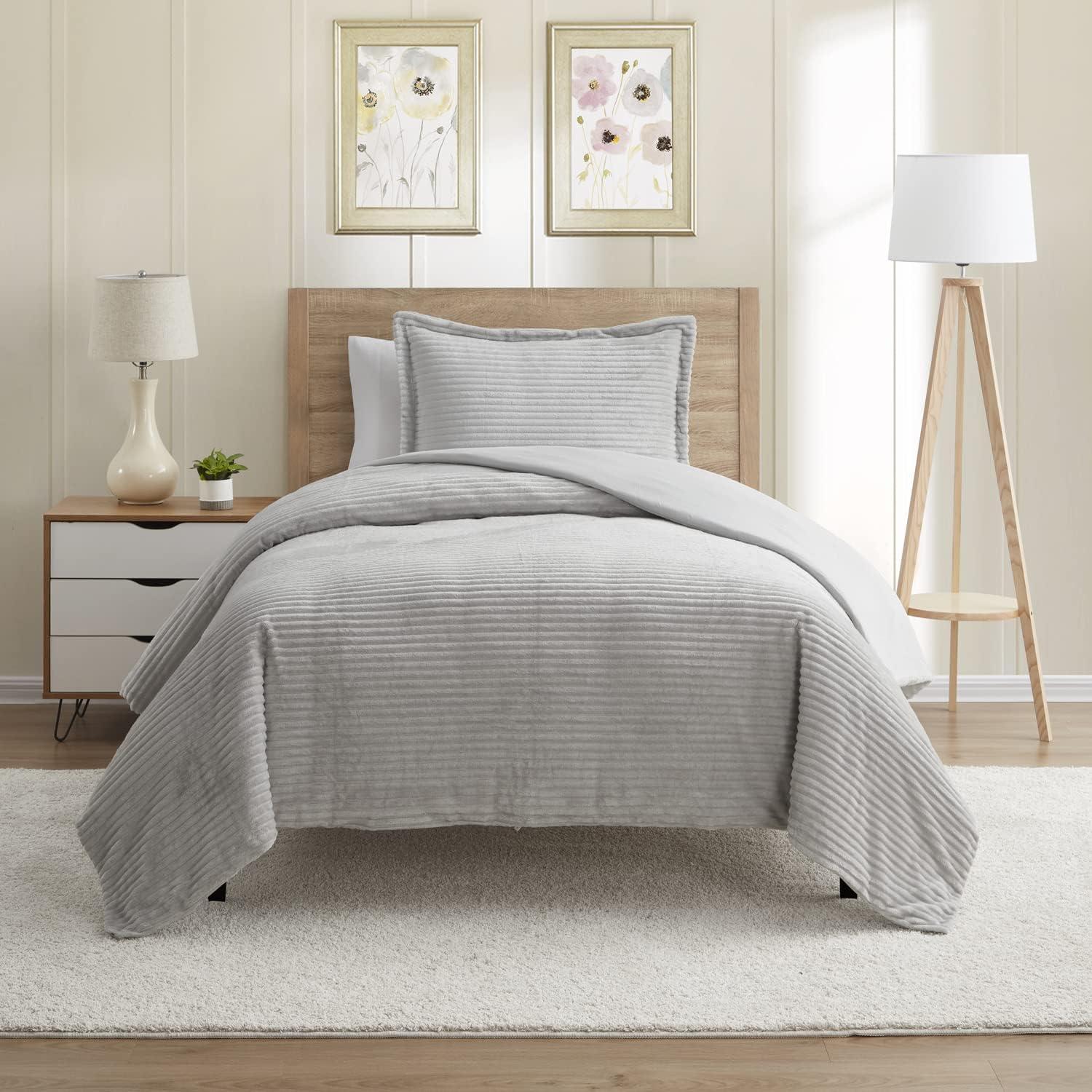 Twin Silver Gray Flannel Duvet Cover Set with Pillow Shams