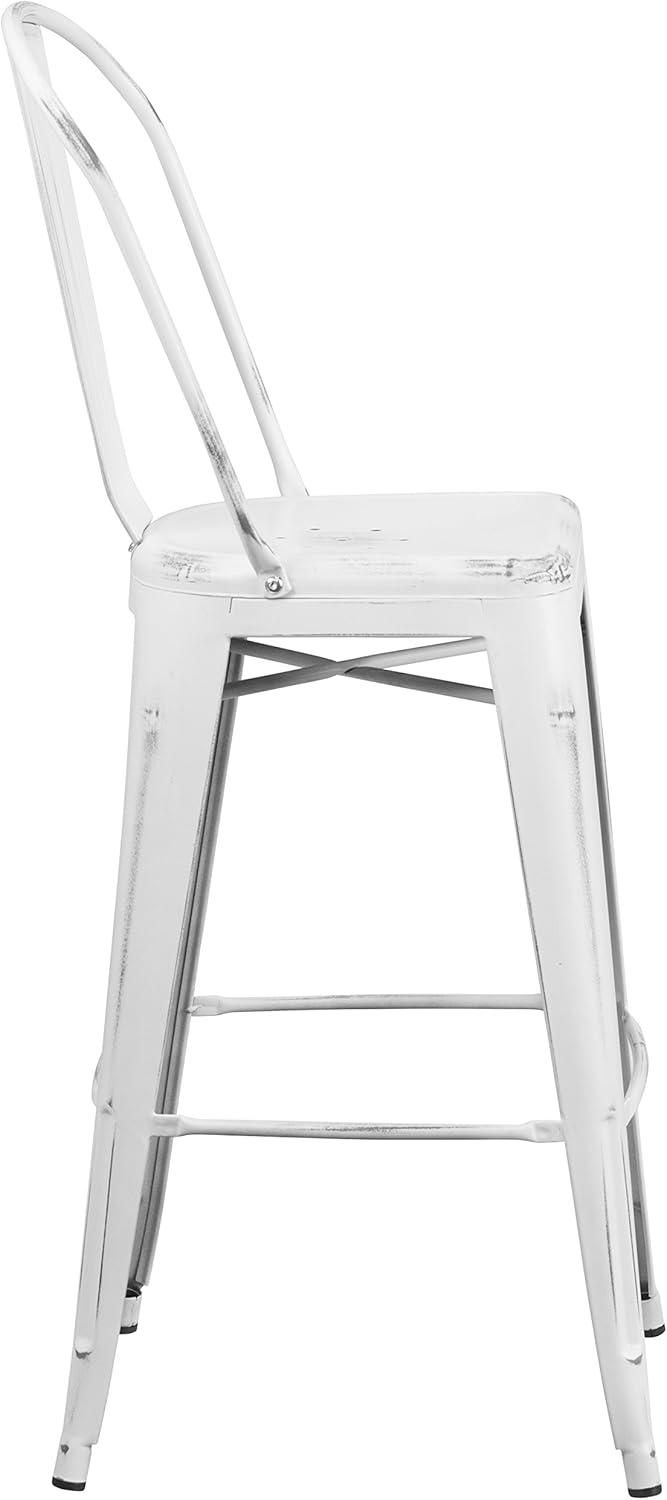 Flash Furniture Commercial Grade 30" High Distressed White Metal Indoor-Outdoor Barstool with Back