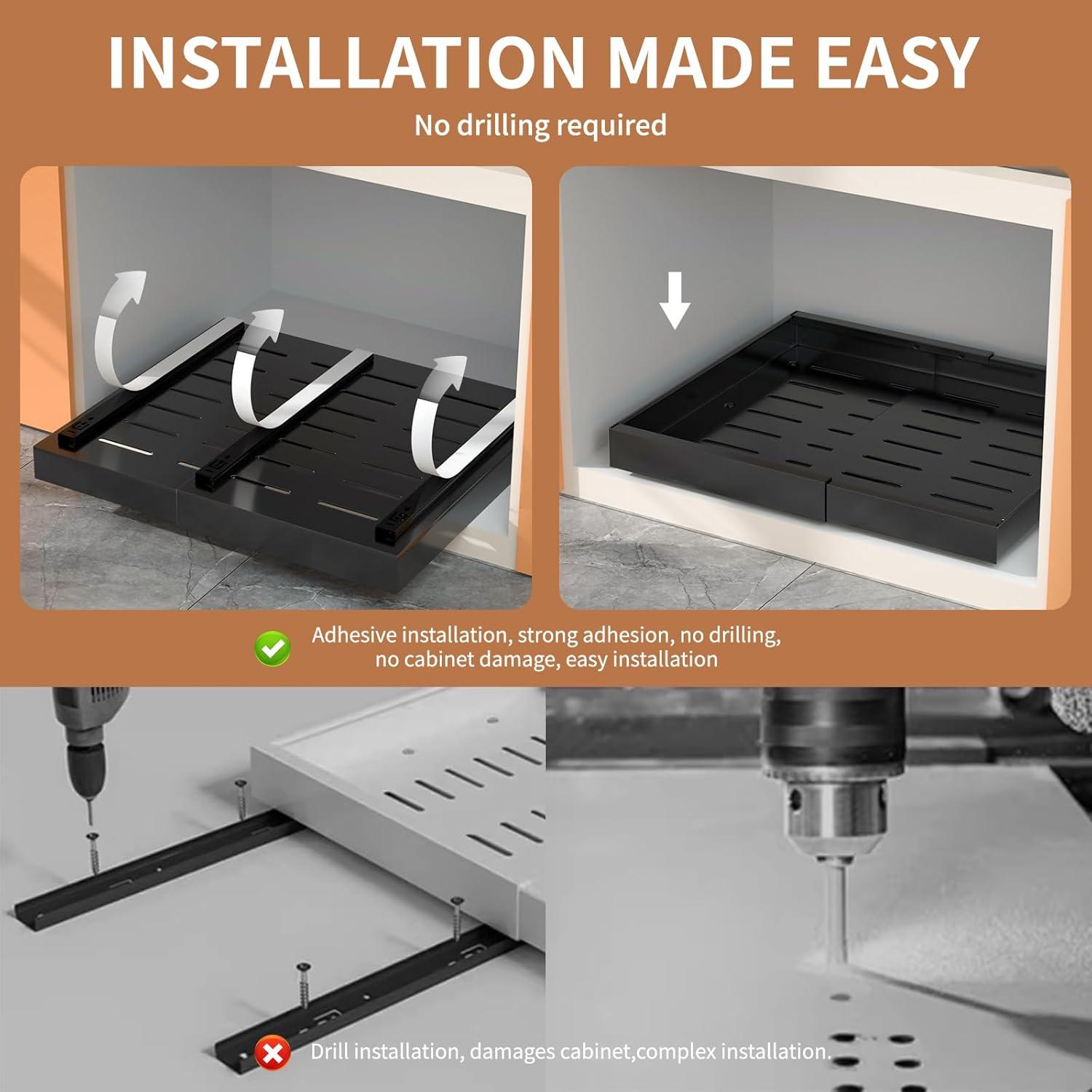 Pull Out Cabinet Organizer 2 pack,Expandable (12.6"-20.4") Pull Out Drawers for Cabinets, Slide Out Cabinet Organizers with Adhesive Nano Film for Kitchen Cabinet Organization