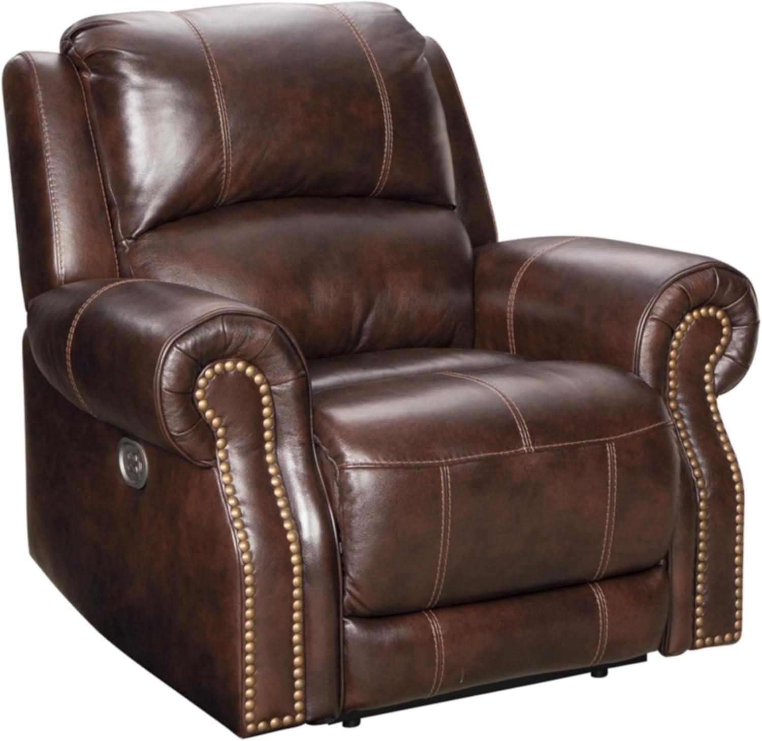 Traditional Brown Leather Power Recliner with Nailhead Trim