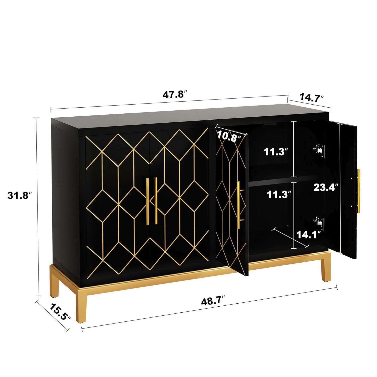 HLR Black Accent Cabinet with Gold Trim, Storage Cabinet with 4 Doors, Modern Wooden Sideboard