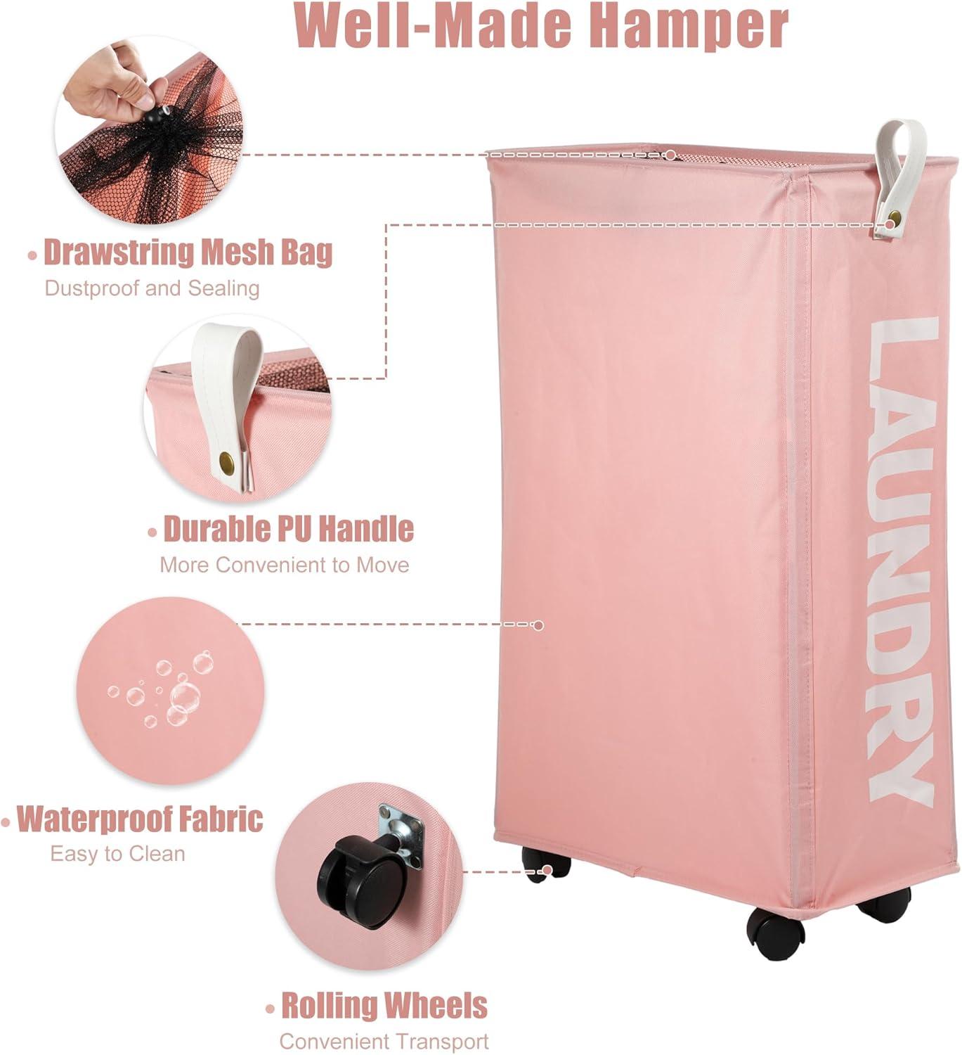 Unique Bargains Laundry Hamper with Wheels with Handle 27" Tall 1 Pc Pink