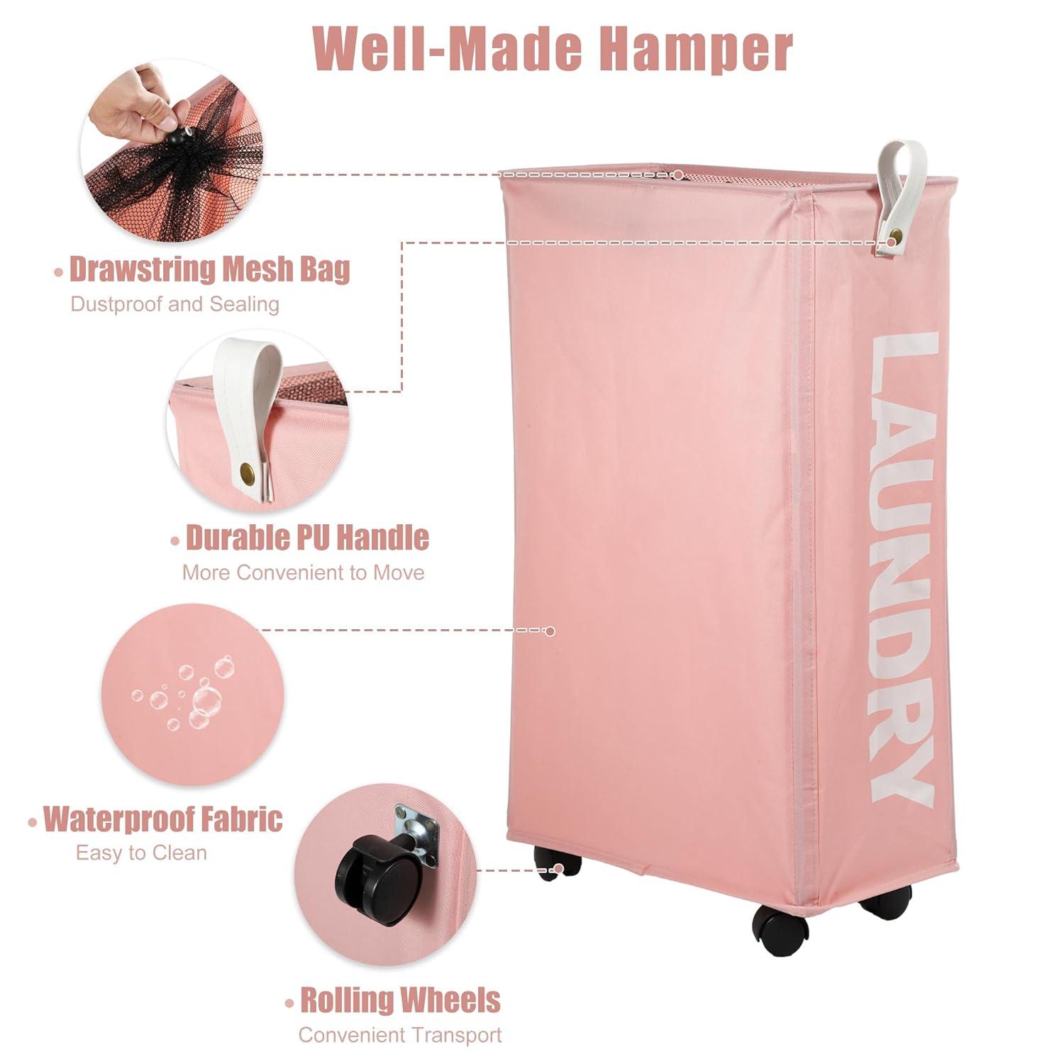 Unique Bargains Laundry Hamper with Wheels with Handle 27" Tall 1 Pc Pink