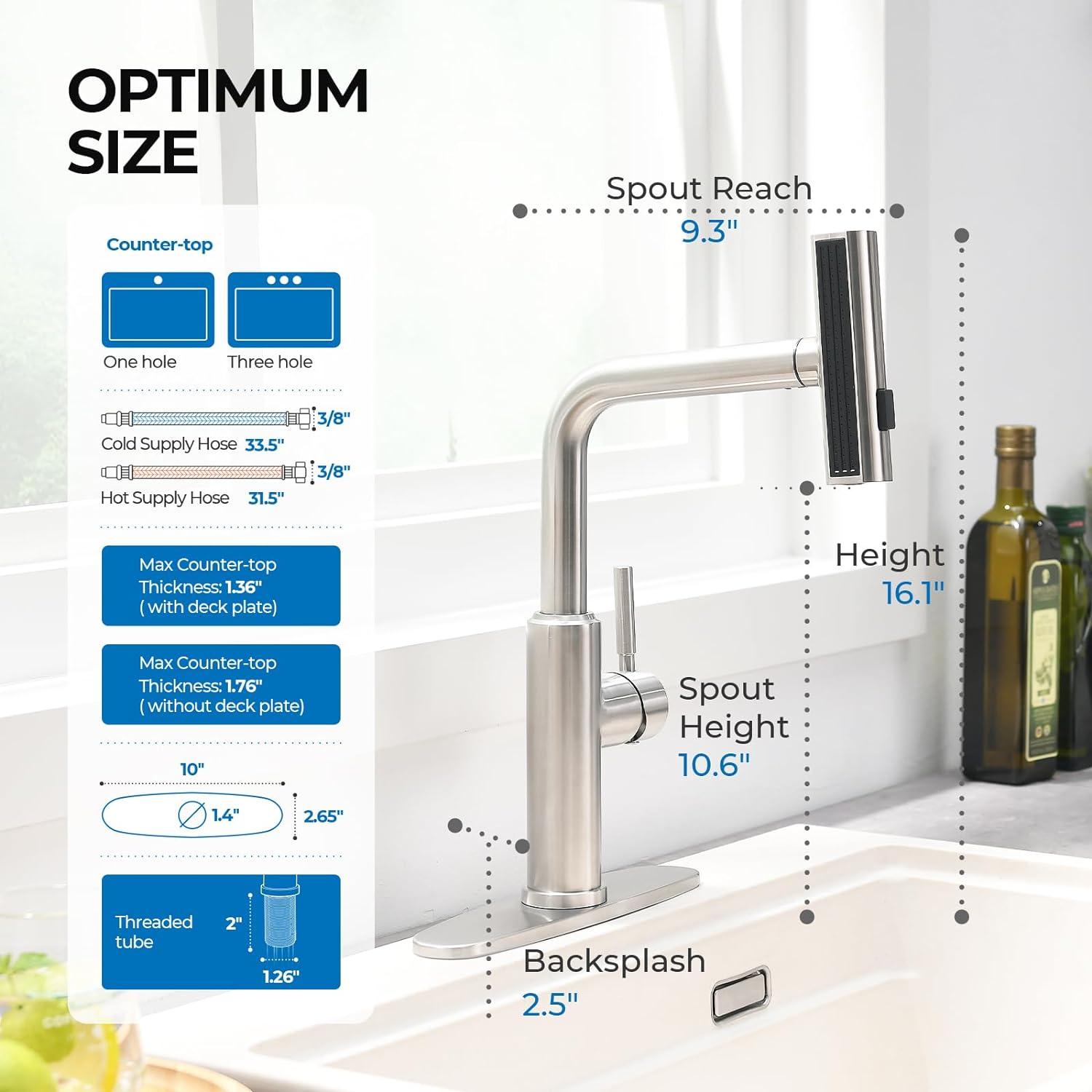 Luxury Waterfall Kitchen Faucet - Brushed Nickel Single Hole Sink Faucet with 3-Mode Pull-Out Sprayer, 360° Swivel, SUS304 Stainless Steel, High Arc, Easy Installation, Durable and Corrosion-Resistant