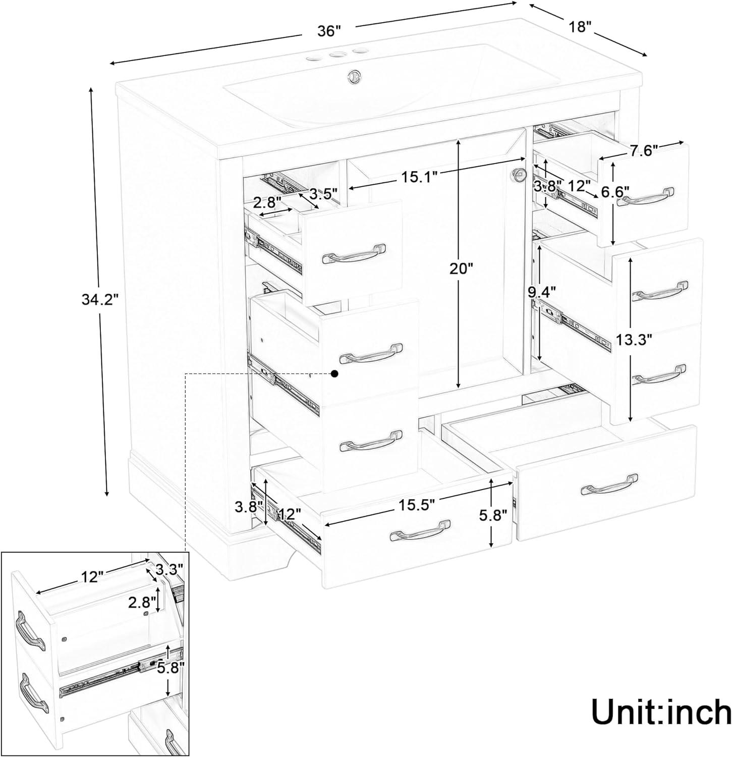 36" Bathroom Vanity with Sink, Bathroom Vanities with Adjustable Shelf and Drawers, Freestanding Storage Bathroom Cabinet Single Sink Combo Set for Bathroom, Small Space, White