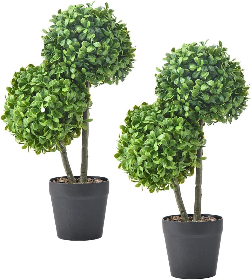 HOMCOM 2 Pack 23.5" Artificial Boxwood Topiary Ball Trees Set of 2, Double Ball-Shaped Boxwood Artificial Topiary Plants for Indoor Outdoor, Green