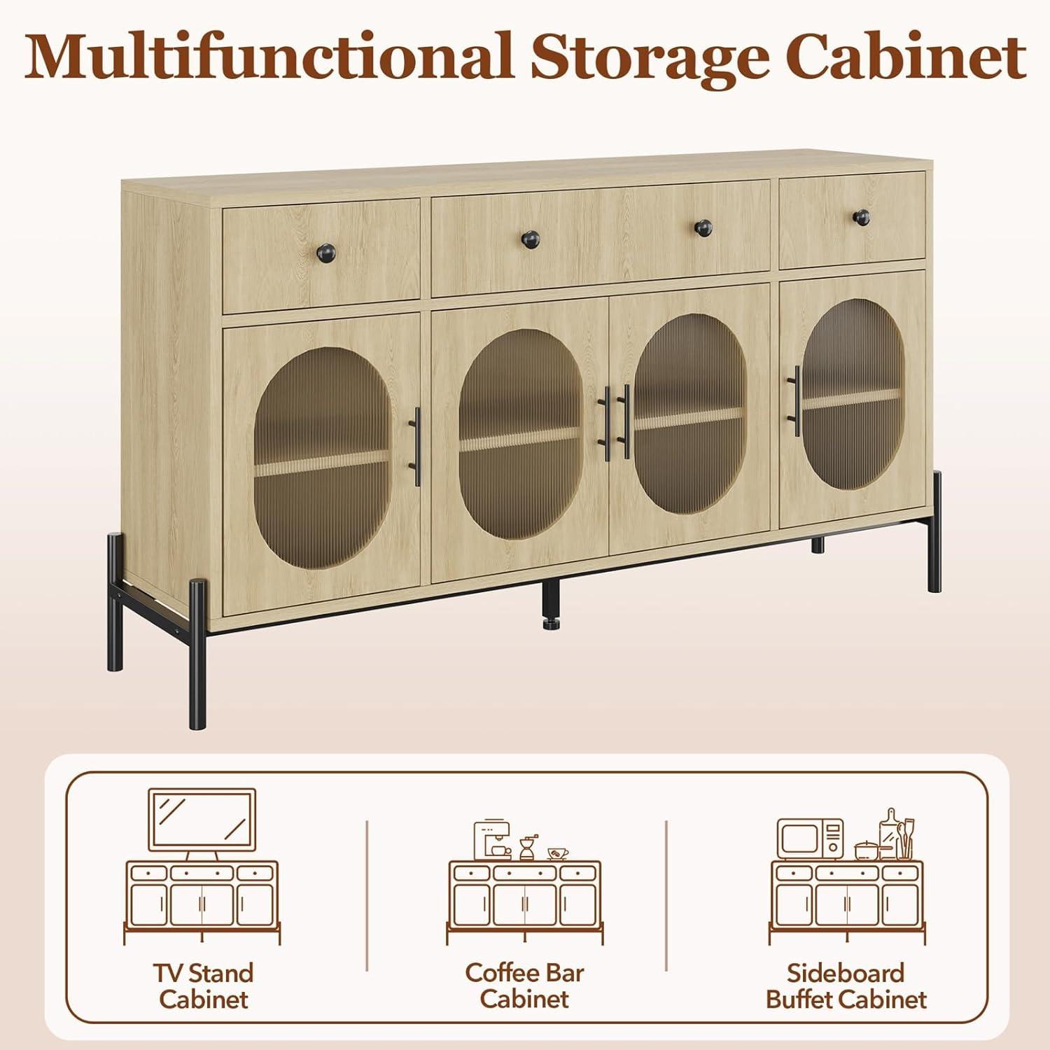 Kselythan Buffet Cabinet with Storage,62'' Large Sideboard Buffet Cabinet with 3 Drawers and 4 Fluted Glass Doors,Wooden Buffet Cabinet Coffee Bar Storage Cabinet Buffet Table for Dinning Room