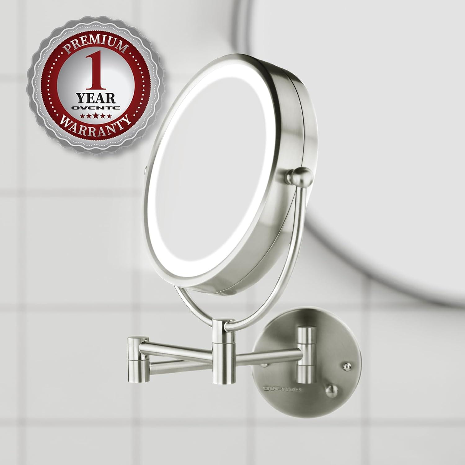 OVENTE 8.5'' Hardwired Lighted Wall Mount Makeup Mirror, 1X & 7X Magnifier, Nickel Brushed MPWD3185BR1X7X