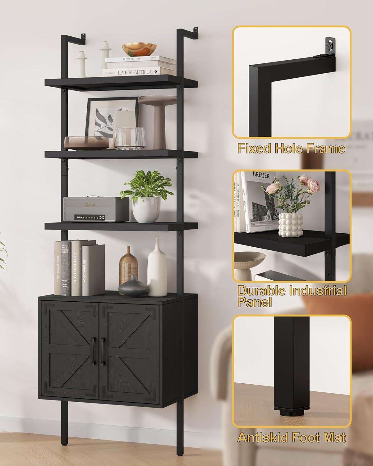 Black Industrial Ladder Bookshelf with Cabinet and Metal Frame