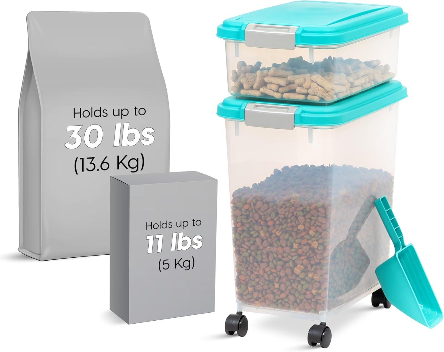 IRIS USA 30lbs + 11lbs Airtight Pet Food Storage Container Combo with Scoop and Casters, up to 41lbs