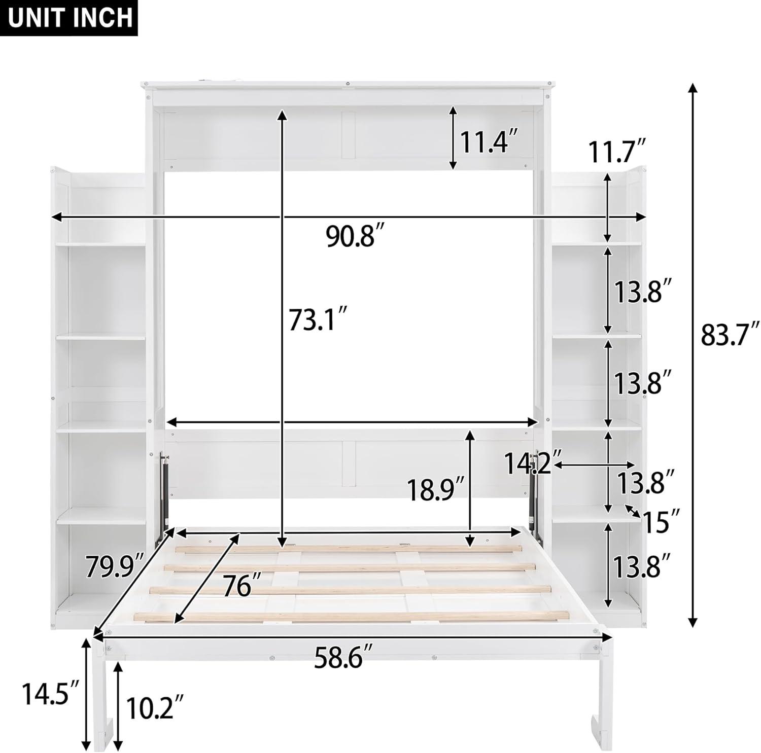 White Full Murphy Bed with Shelves and LED Lights