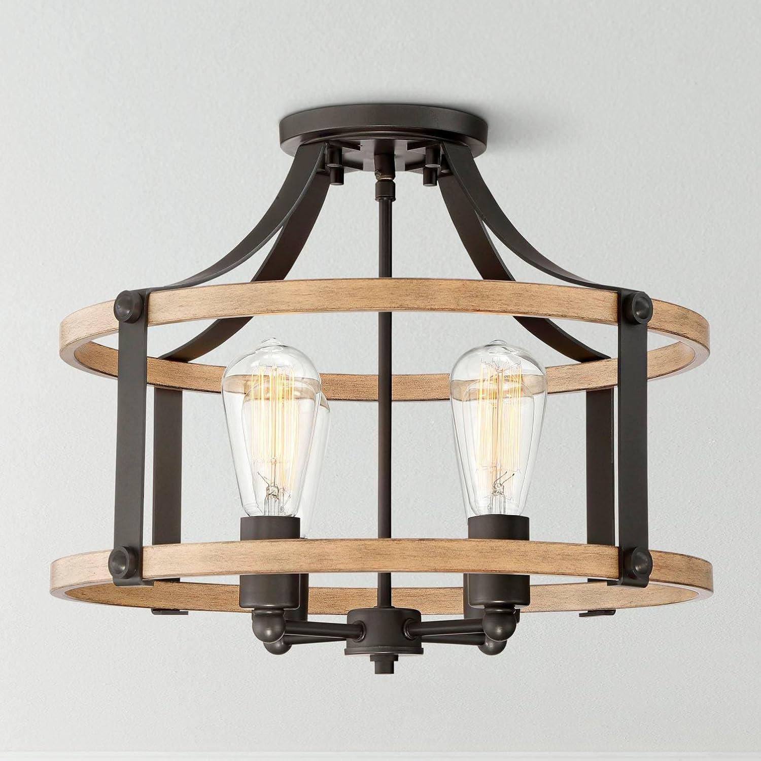 Franklin Iron Works Buford Rustic Farmhouse Ceiling Light Semi Flush Mount Fixture 18" Wide Faux Wood Black 4-Light for Bedroom Kitchen Living Room