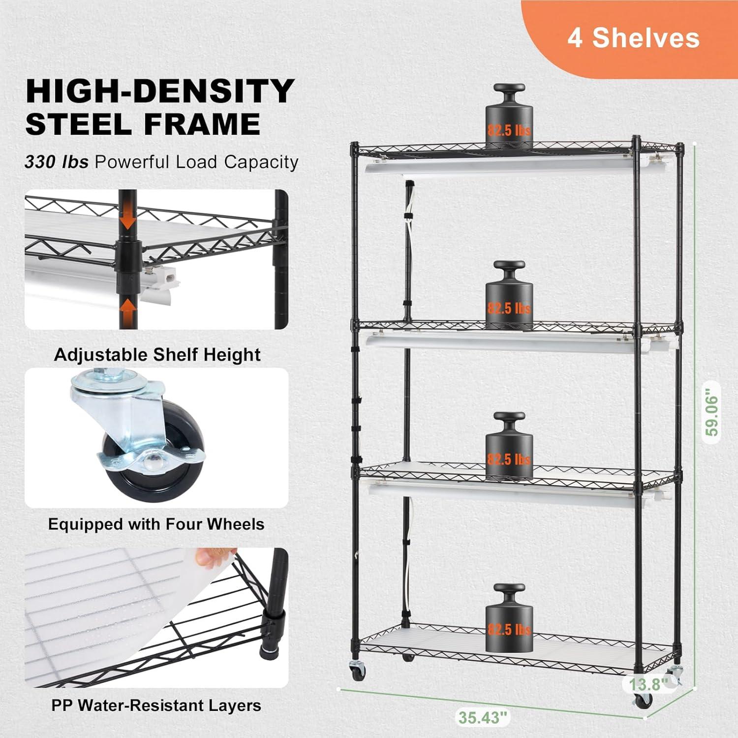 Four-Tier Black Metal Plant Stand with Grow Light and Cover