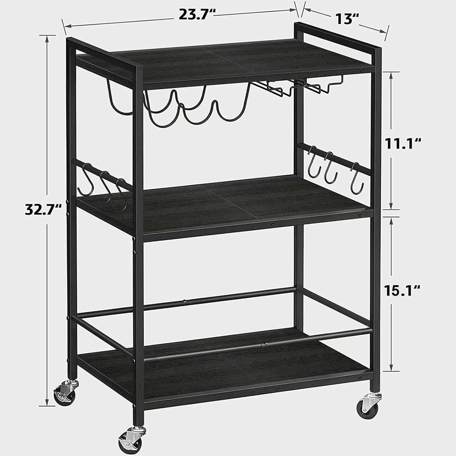 Black Metal Rolling Bar Cart with Wine Rack and Glass Holder