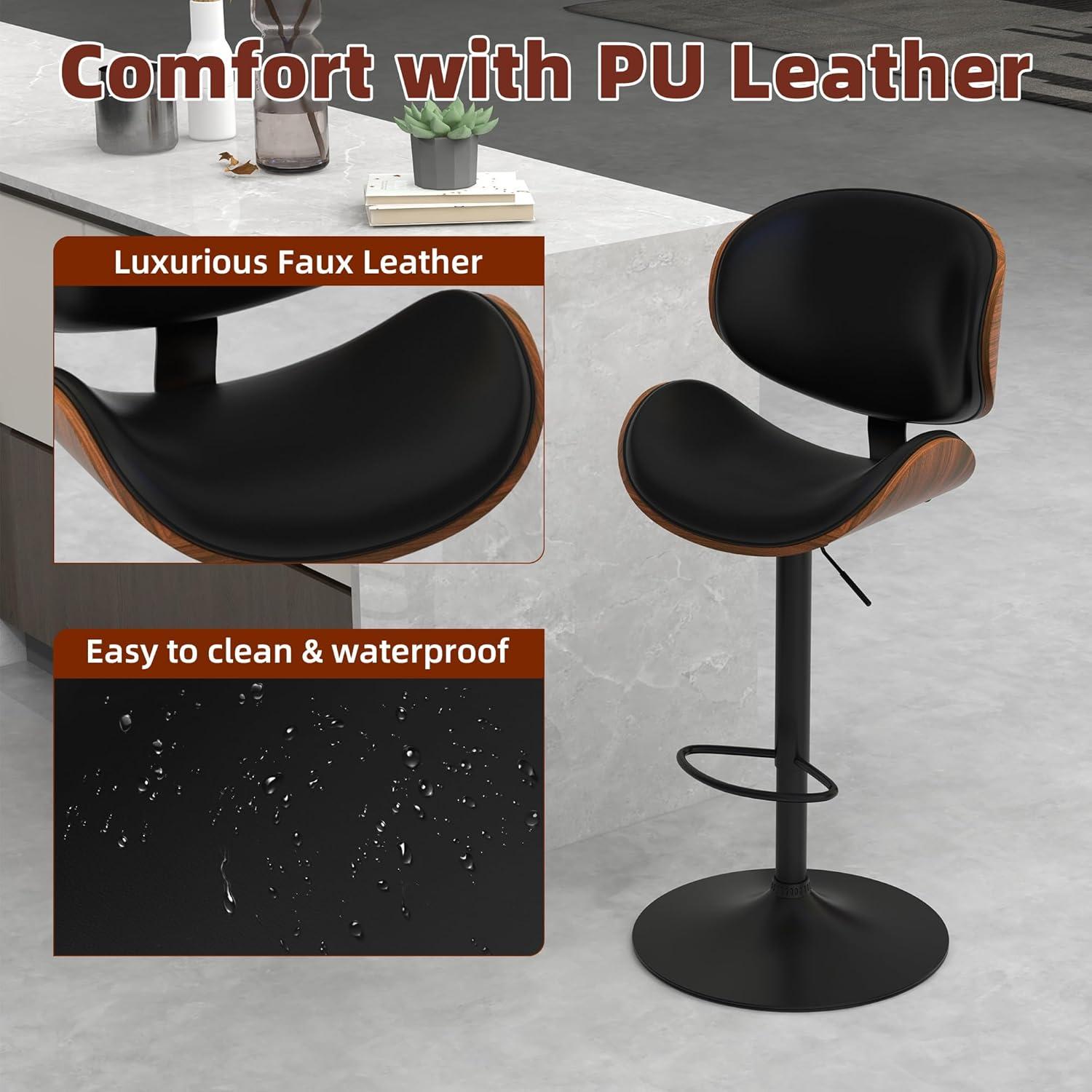 civama Bar Stools Set of 2 for Kitchen Counter, Adjustable Bar Height Chairs, Modern Swivel Barstools with Bentwood Seat and Back with Footrest, for Kitchen Island, Dining Room, Black PU Leather