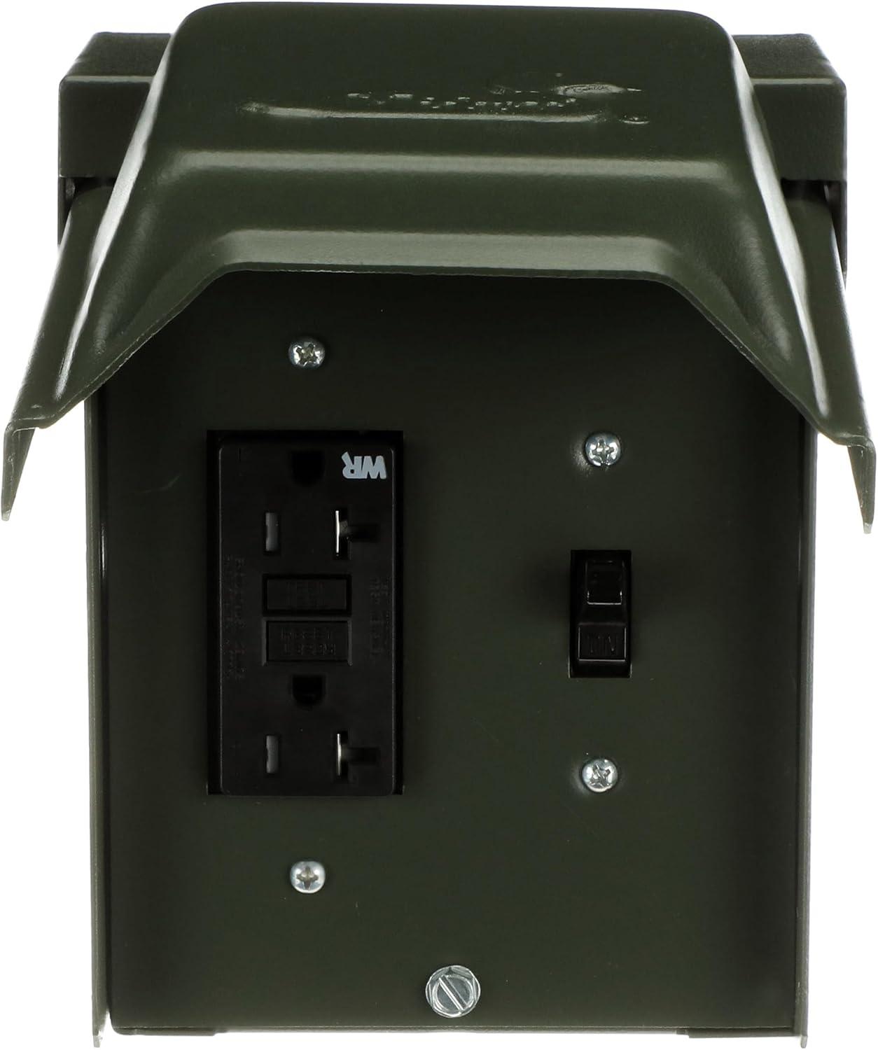 Green Metallic Outdoor Power Outlet with Switch and GFCI