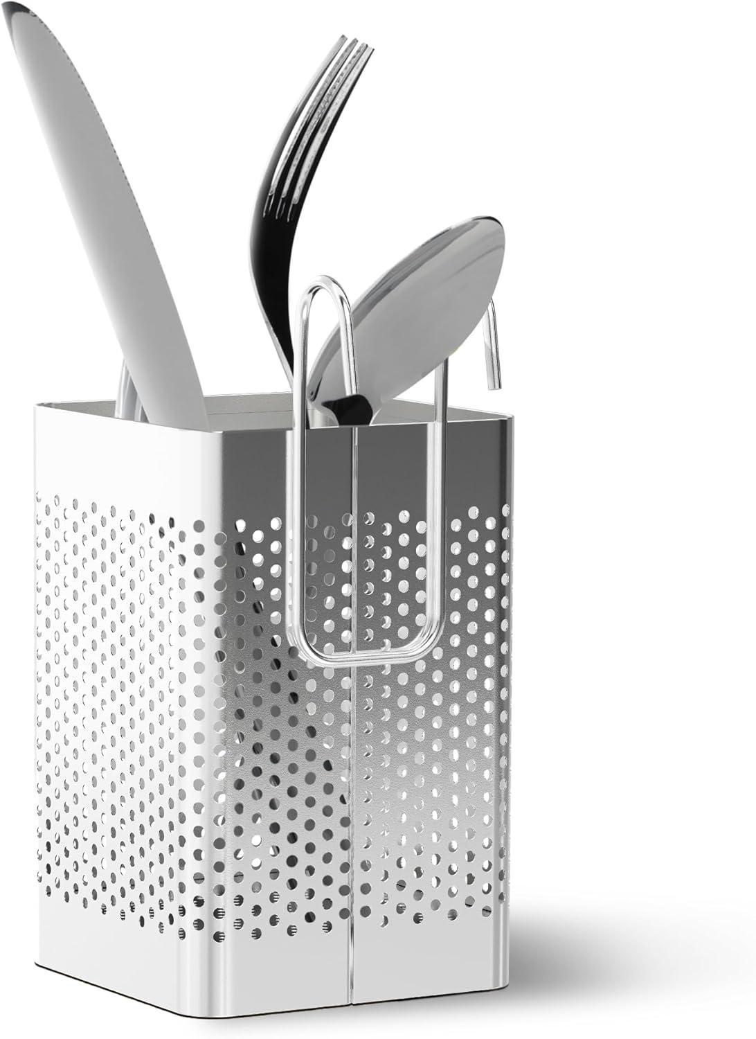 Small Kitchen Utensil Chopsticks Perforated Holder with Hooks - Stainless Steel Storage Stand Kitchen Holder for Spoon Knife Fork Case Organizer Dishwasher Safe Small Square Caddy
