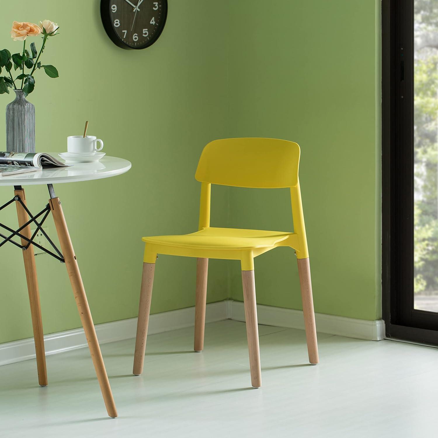 Fabulaxe Plastic Dining Chair Open Back with Beech Wood Legs, Yellow