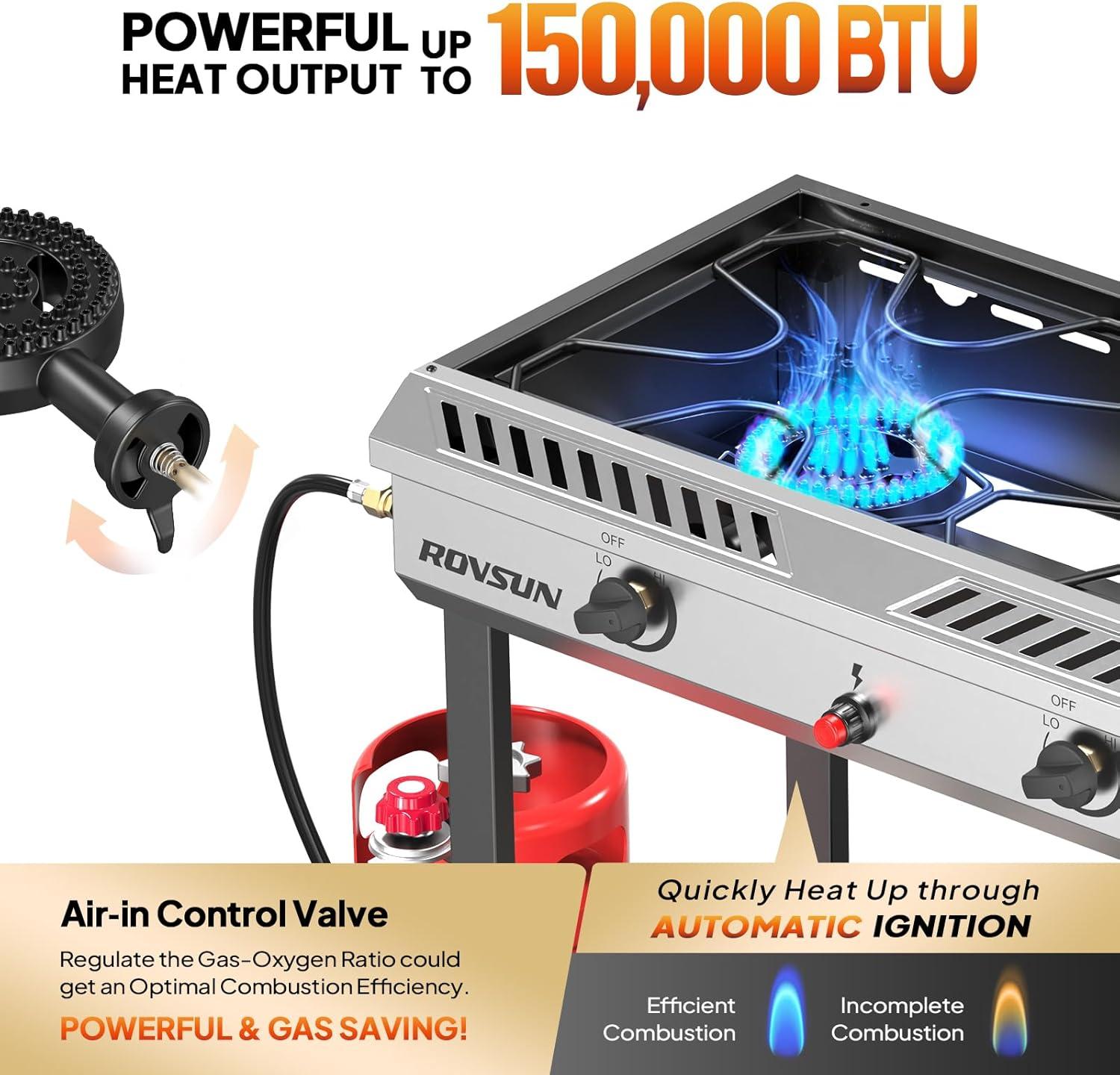 ROVSUN 2 Burner Outdoor Propane Gas Stove with Ignition, Regulator & Shelf, 150,000 BTU Powerful Cooker for Backyard Patio Cooking Home Canning Frying