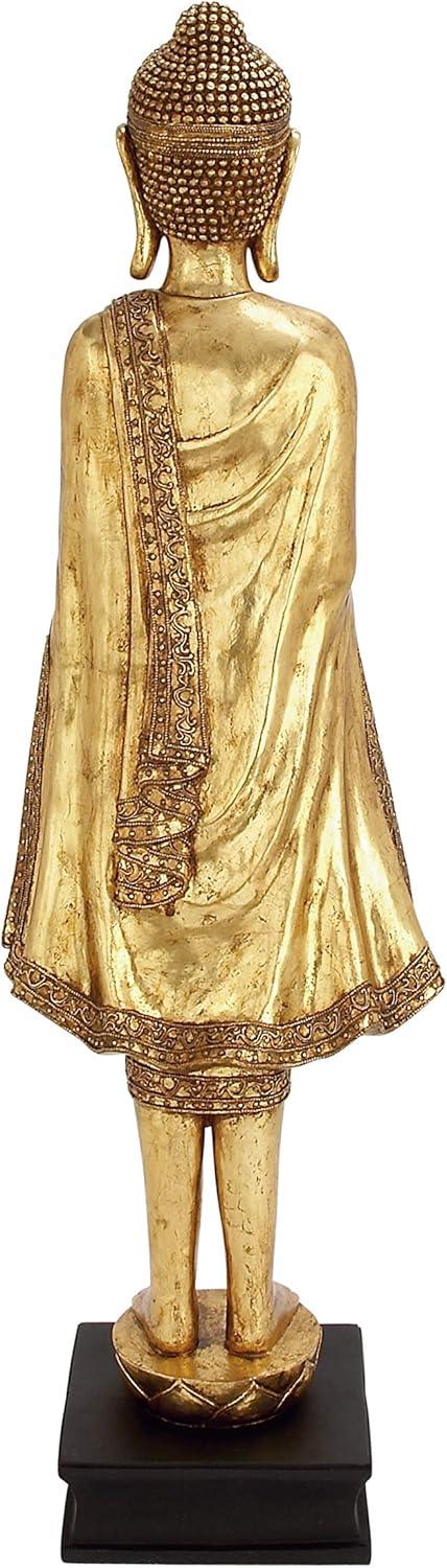 16" x 54" Gold Resin Meditating Buddha Sculpture with Engraved Carvings and Relief Detailing, by DecMode