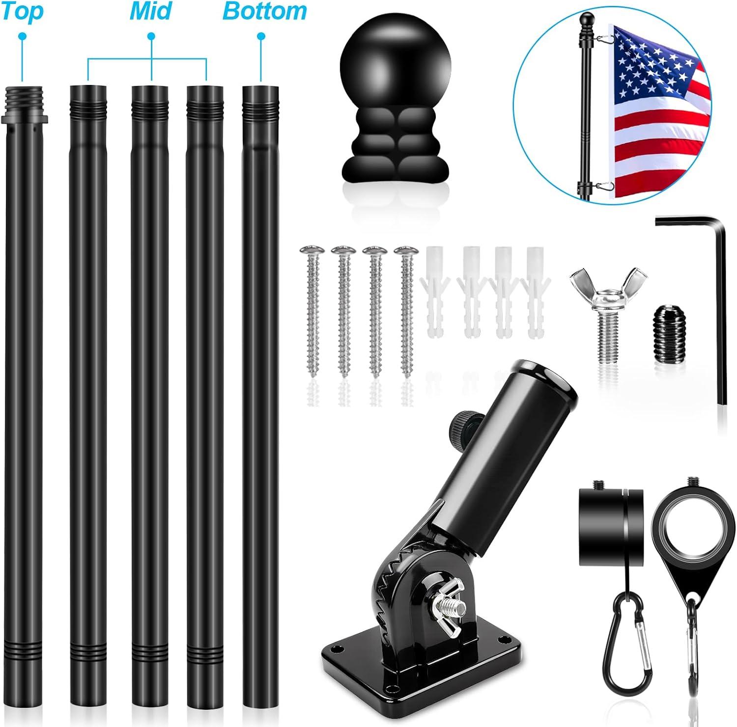 6 FT Flag Pole Kit with Mutil-Position Adjustable Bracket & Spinning Flagpole Rings, 1" Thicken Stainless Steel Metal Flag Poles for 3x5 Flag Outside House Wall Post Mount (6 FT, w/180° Black Bracket)