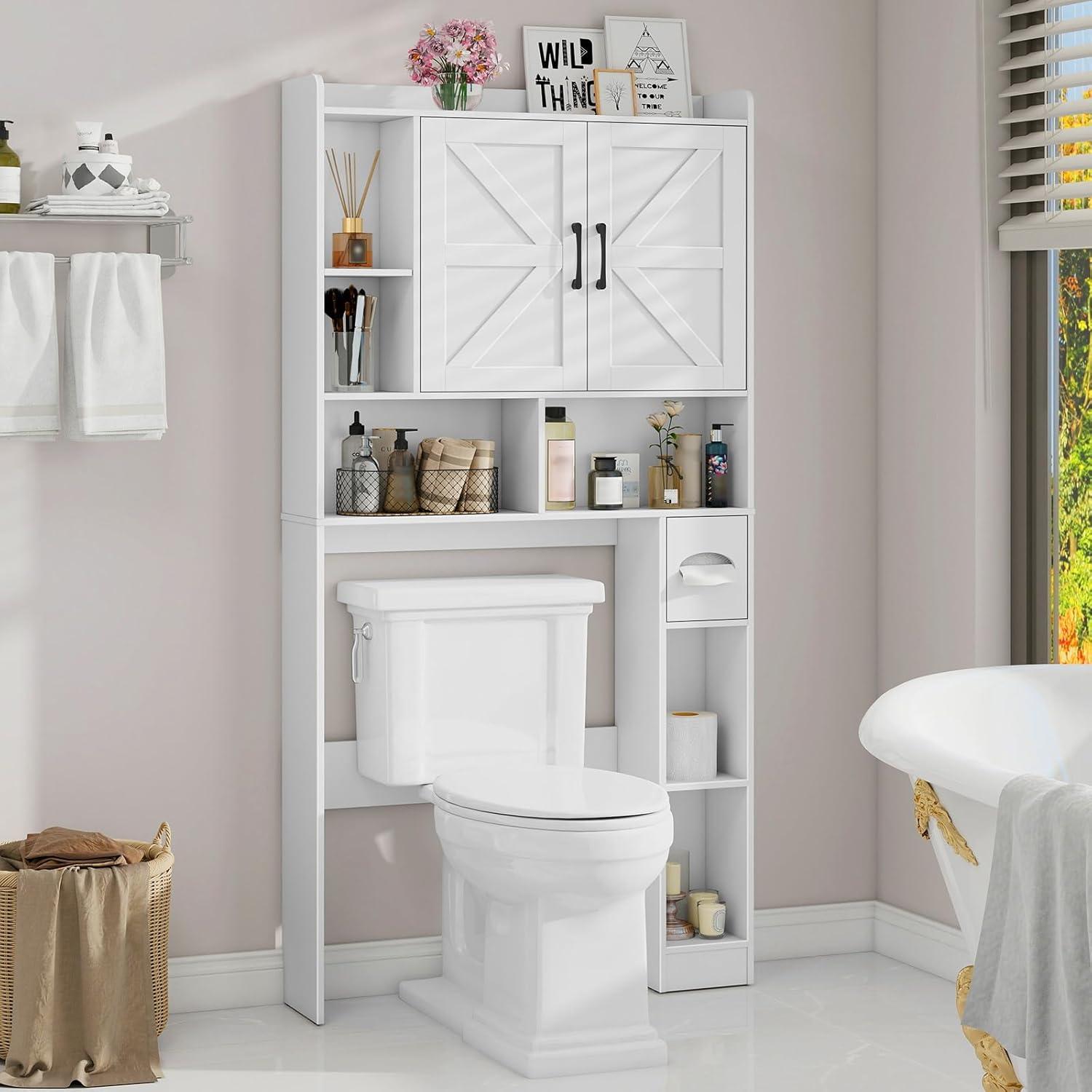 Over The Toilet Storage Cabinet, Farmhouse Storage Cabinet Over Toilet with Sliding Barn Door & Toilet Paper Holder Stand，Home Space-Saving Toilet Rack, for Bathroom, Restroom, Laundry（White）