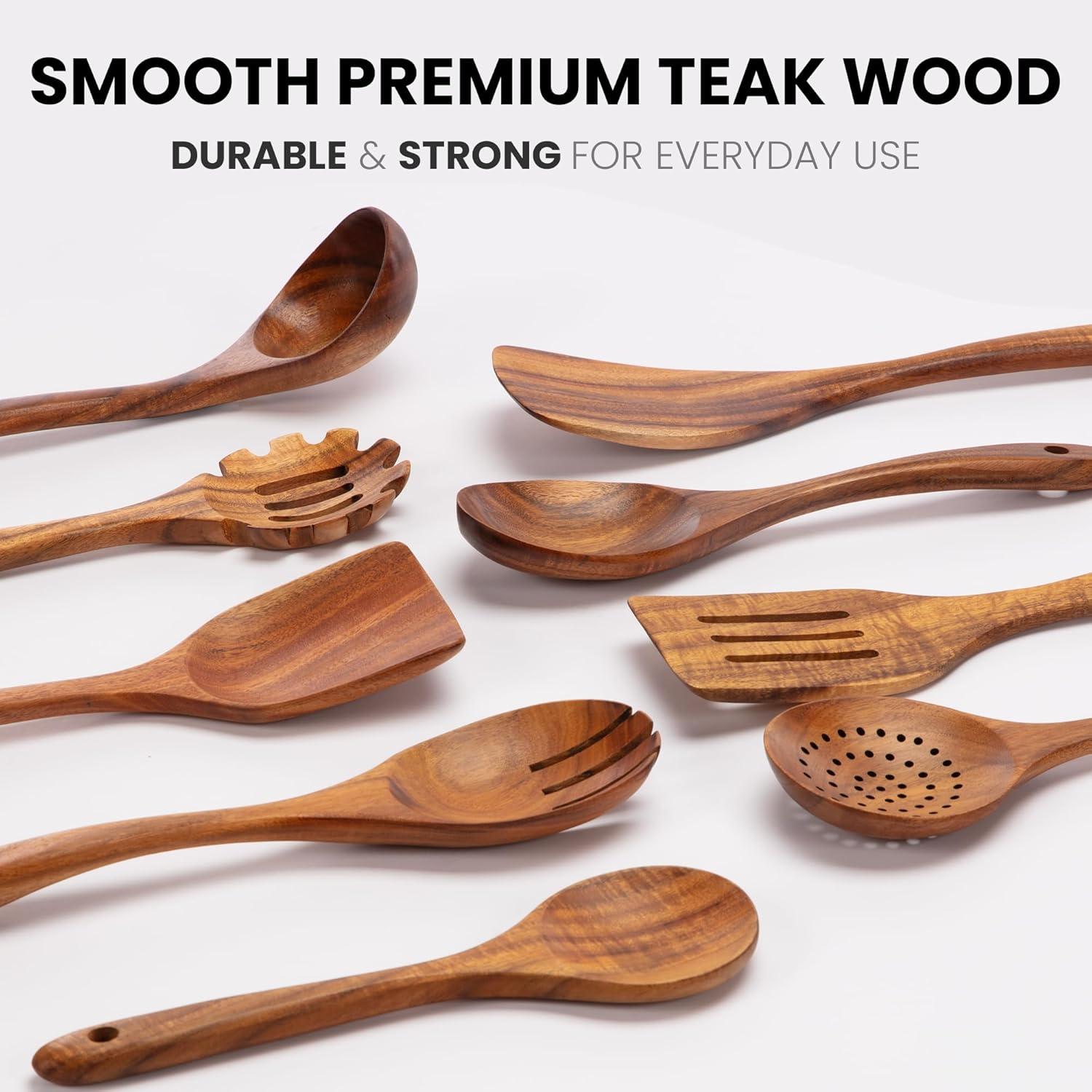 9-Piece Teak Wooden Utensils for Cooking - AOKIWO Smooth Finish Natural Teak Utensil Set - Non-Stick Wooden Spoons for Cooking - Kitchen Gift Set - Comfortable Grip Wooden Utensil Set