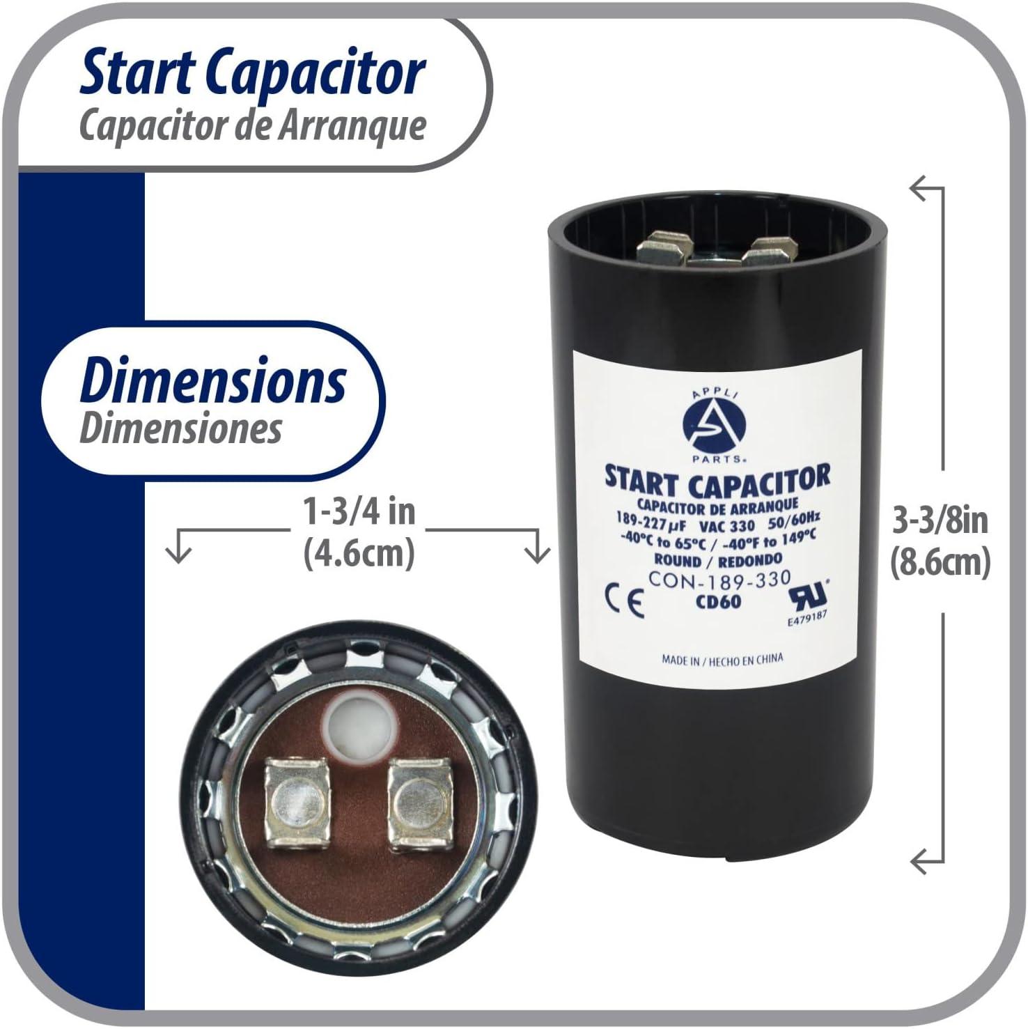 Appli Parts motor start capacitor 189-227 Mfd (microfarads) uF 330 VAC universal fit for electric motor applications 1-3/4 in Wide 3-3/8 in Height CON-189-330