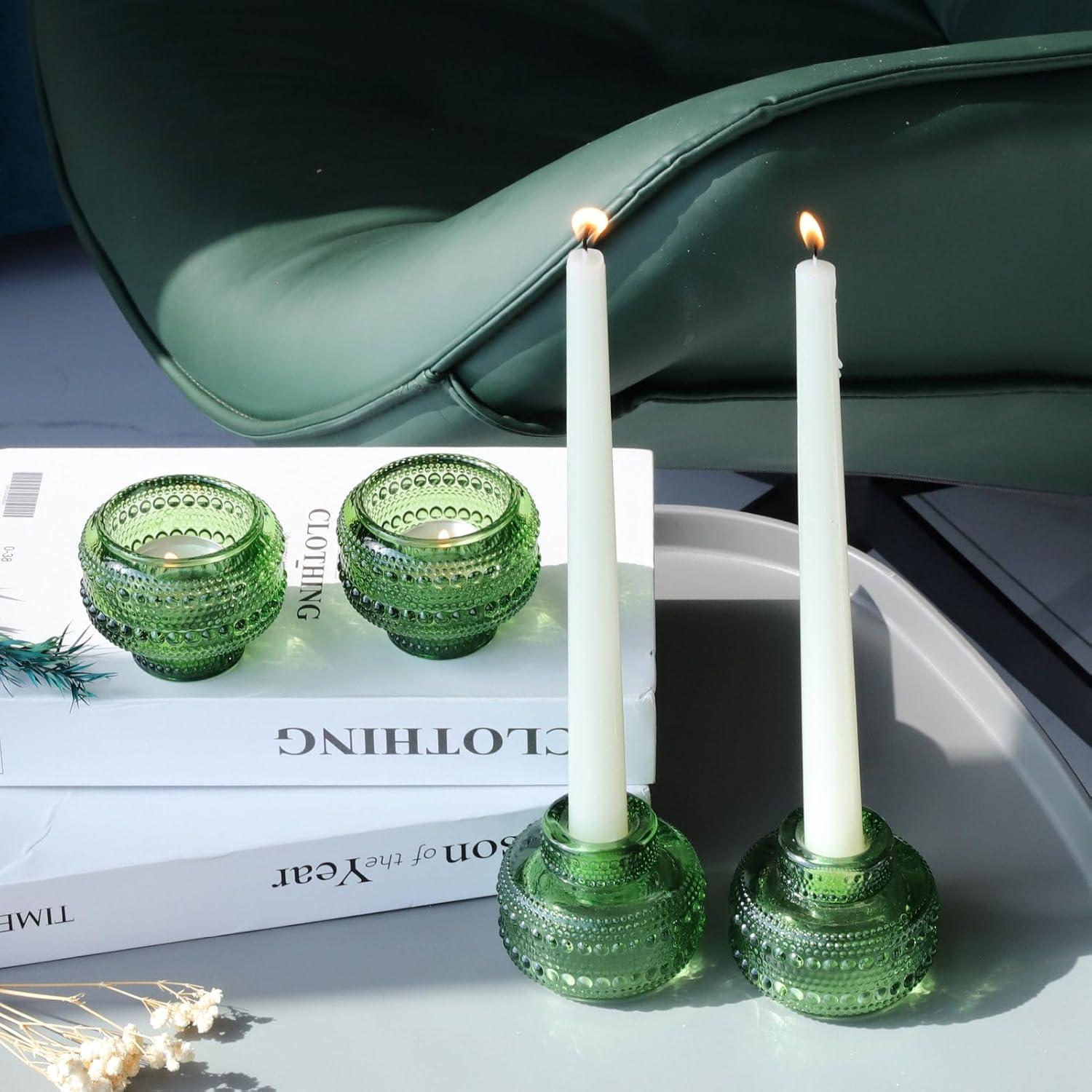 Green Ribbed Glass Reversible Candlestick Holders, Set of 4