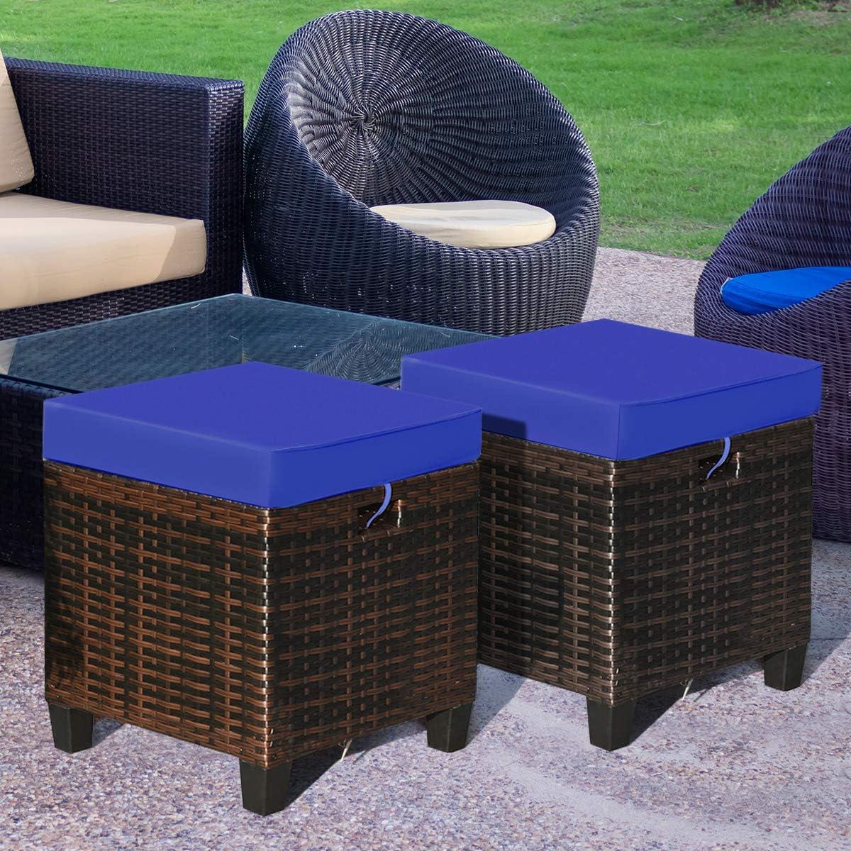 Navy Cushioned Rattan Wicker Outdoor Ottomans, Set of 2