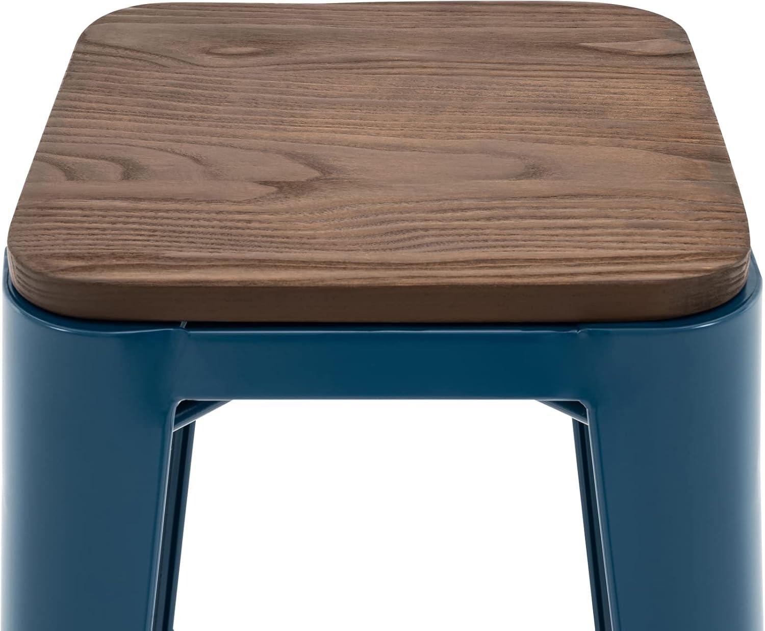 Deep Blue 30" Metal Bar Stools with Elm Wood Seat, Set of 2