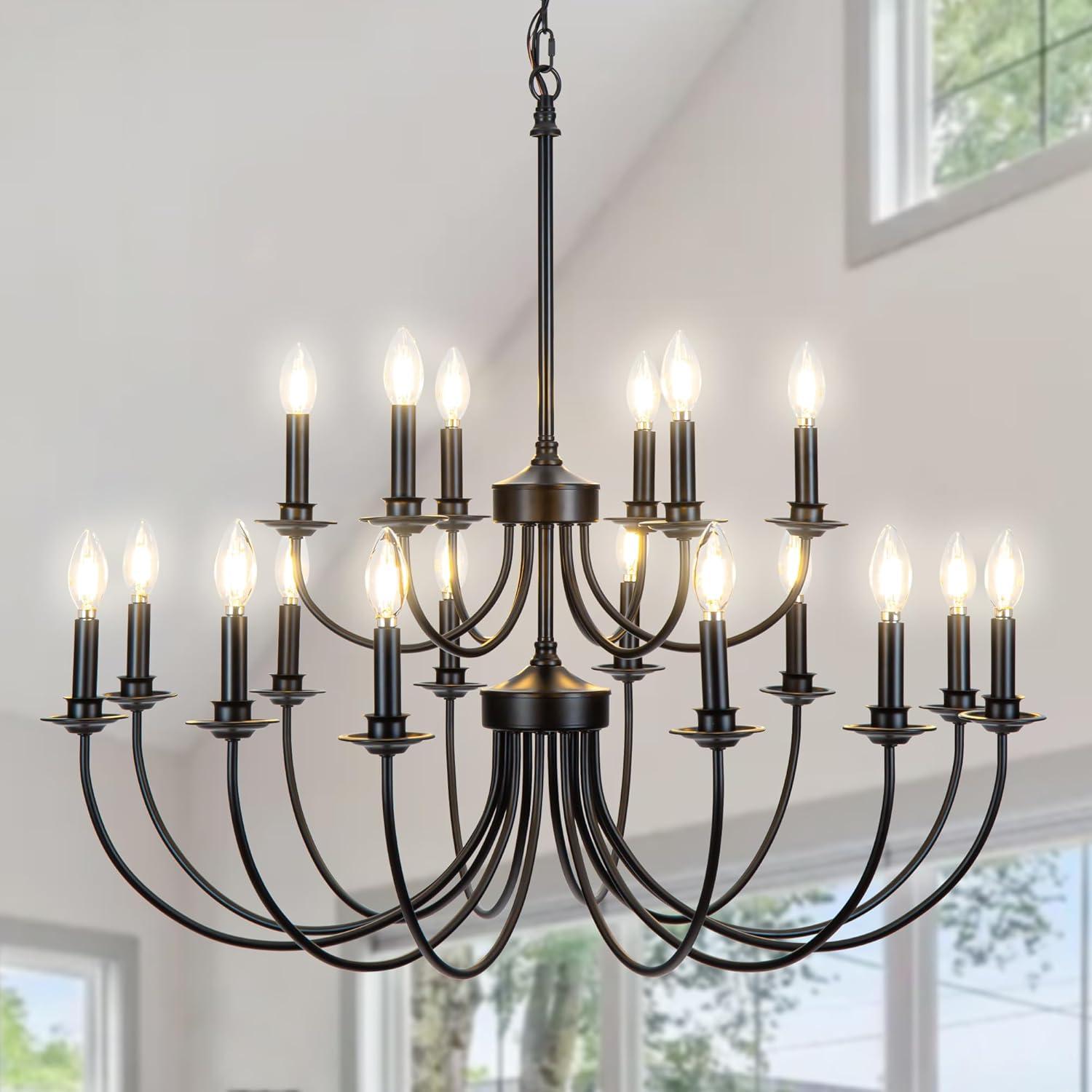 Gracie Oaks Vintage Farmhouse 18-Light 2-Tier Black Chandelier, Retro Round Pendant Light Fixture For Industrial Decor