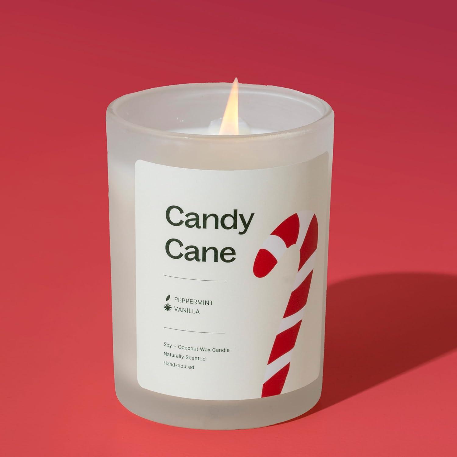 Plant Therapy Candy Cane Naturally Scented Candle 9 oz Hand-Poured Coconut & Soy Wax Blend, Crisp & Cool Natural Scent, Chic Frosted White Jar with Wooden Lid