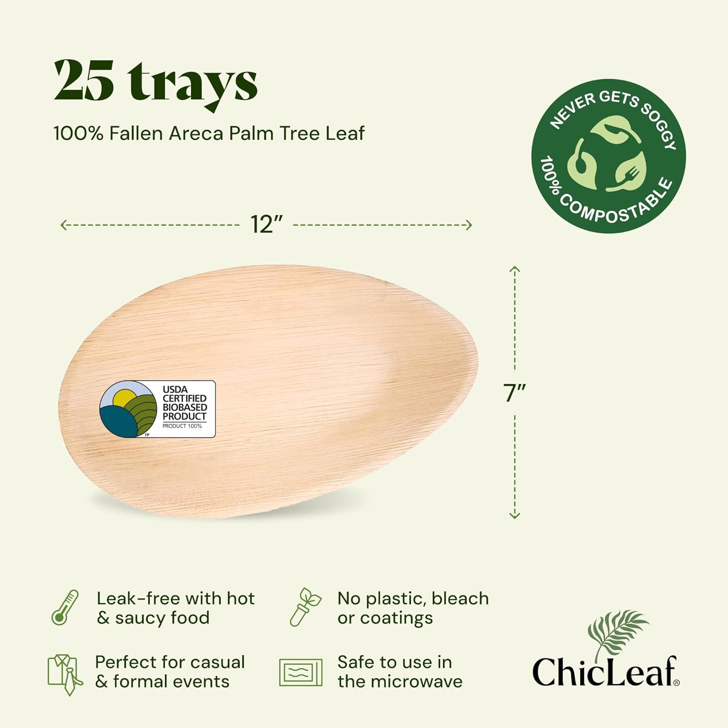Chic Leaf Disposable Palm Leaf Trays, 17" x 12", 10 Pack, Compostable, Eco-Friendly Platters Charcuterie Board