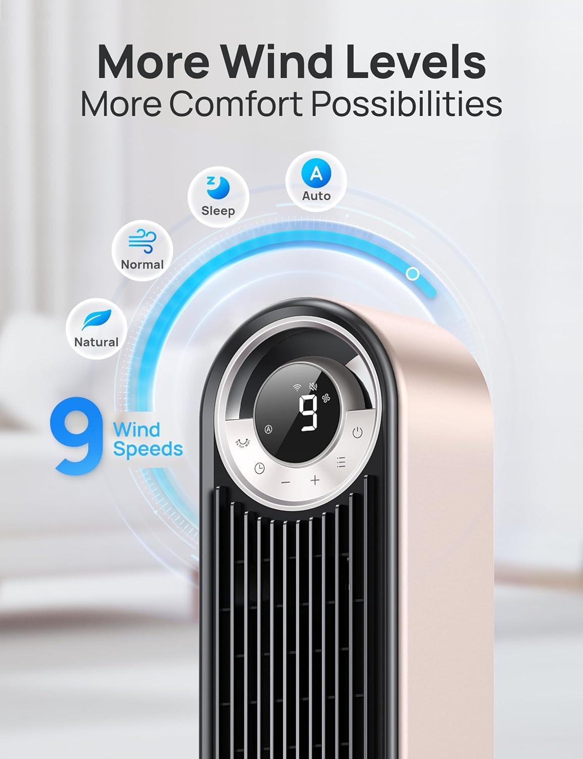 Dreo Smart Tower Fans for Home, 90° Oscillating Fan Bedroom Indoors, Voice Control Floor with 12H Timer, 42 Inch Quiet Bladeless Standing LED Display, 9 Speeds, Work Alexa/Google