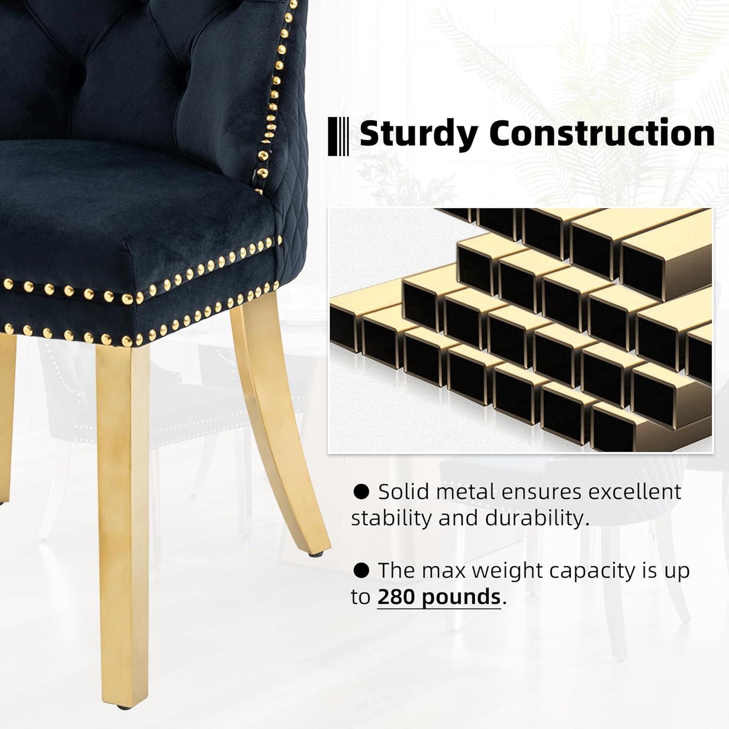 ODUSE-DAILY Black Velvet Dining Chairs Set of 6, Kitchen & Dining Room Chairs, Nailheads Tufted, Sillas De Comedor, Fabric Upholstered, Golden Metal Legs (Black, 6 Pcs)