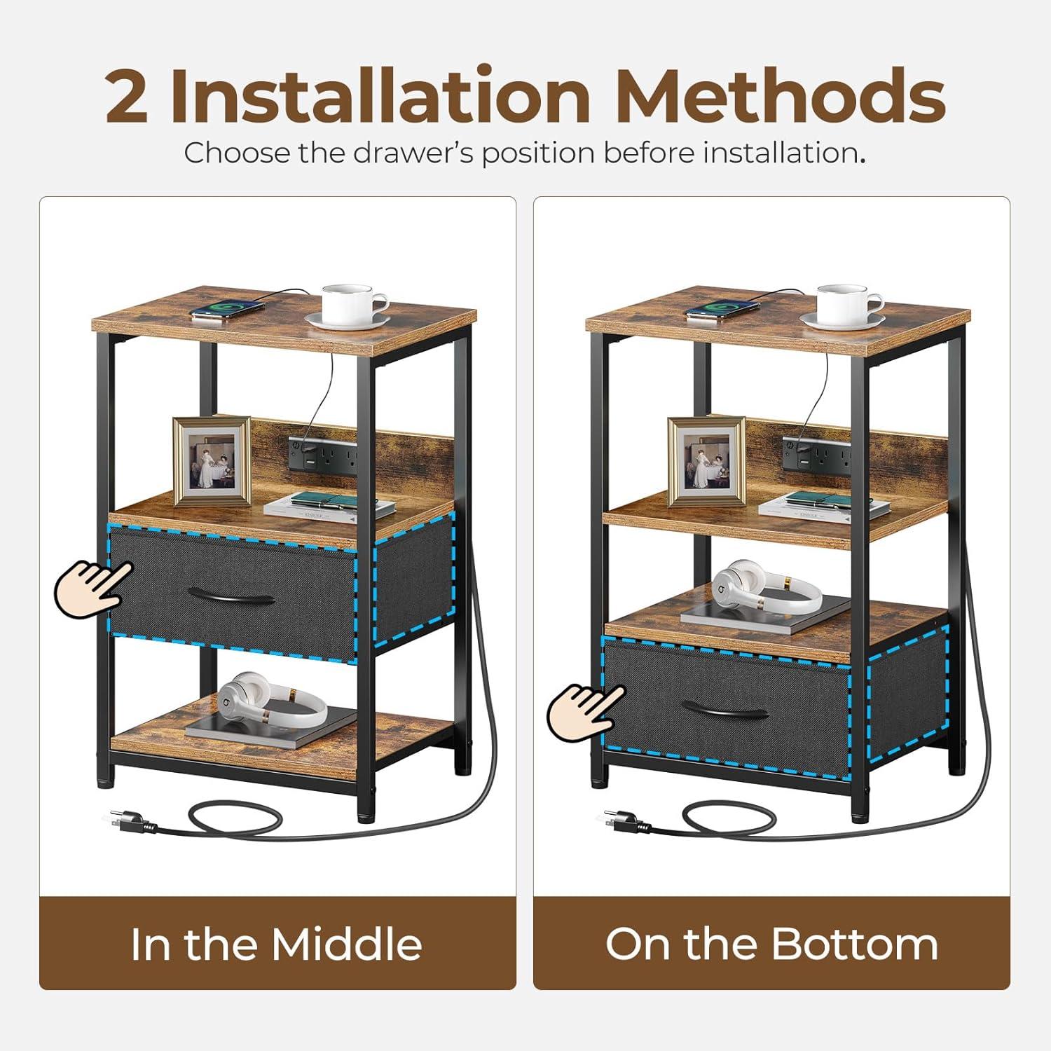 Rustic Brown 3-Tier Nightstand with LED and Charging Station