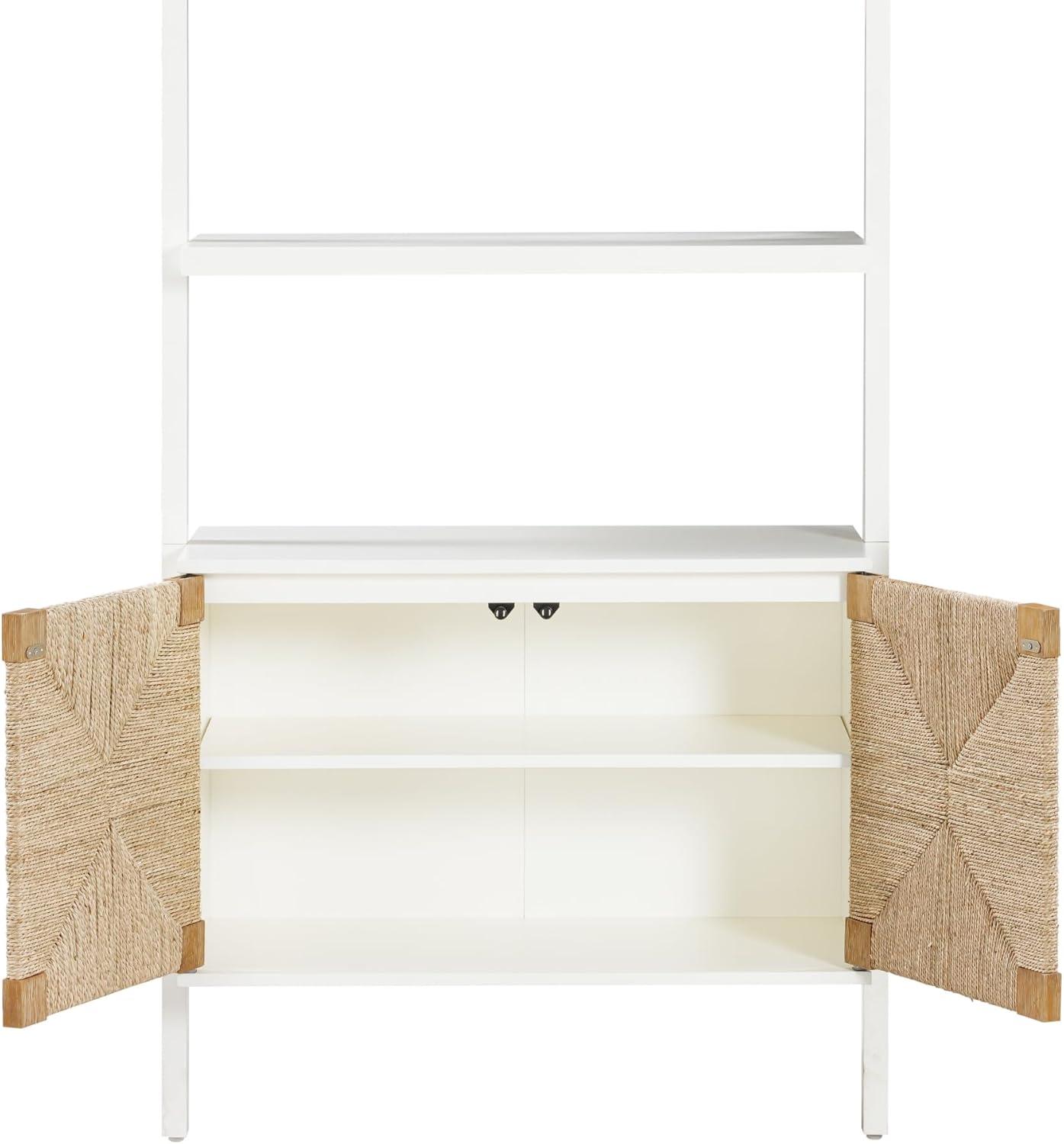 Warm White Solid Wood Bookcase with Adjustable Seagrass Cabinets