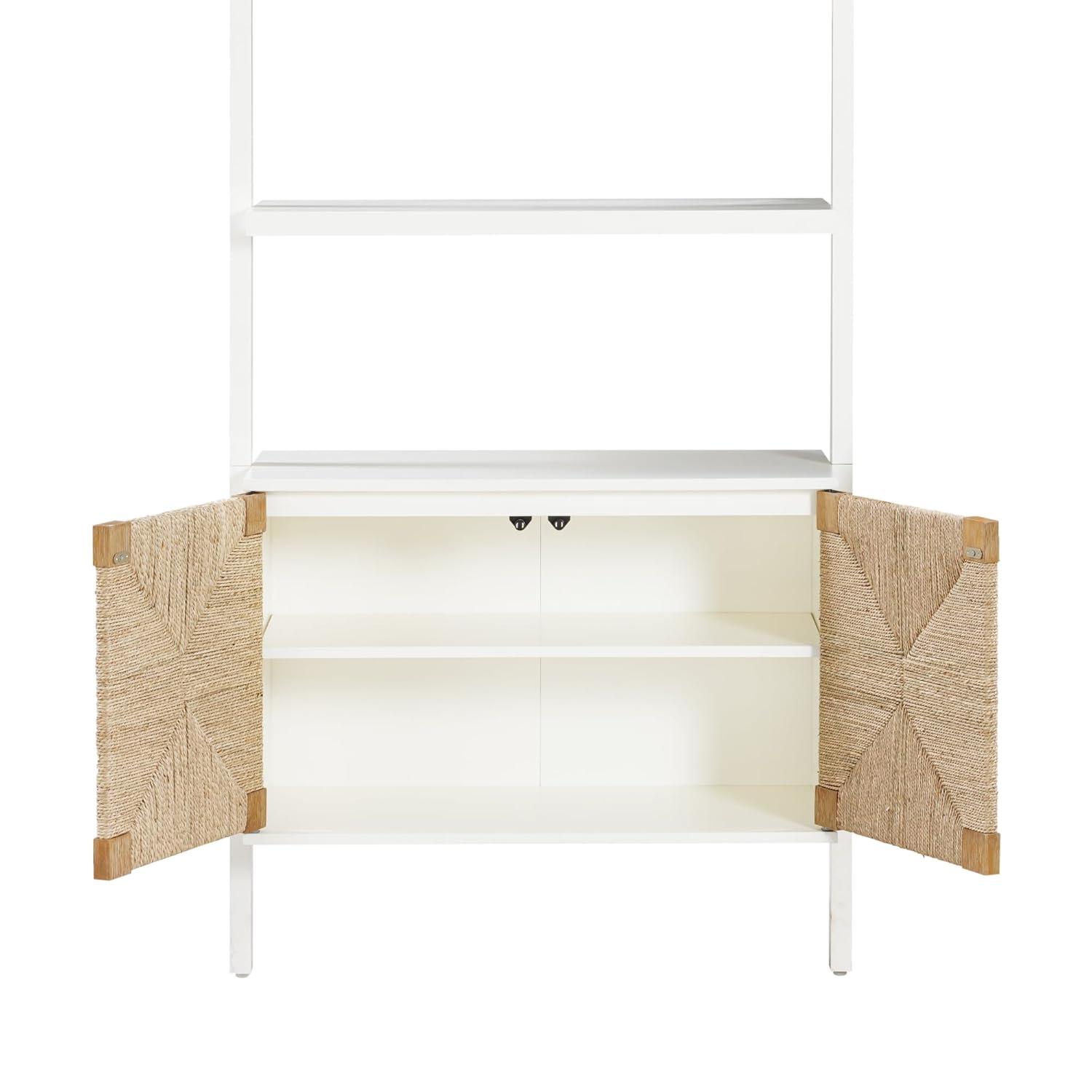 Warm White Solid Wood Bookcase with Adjustable Seagrass Cabinets