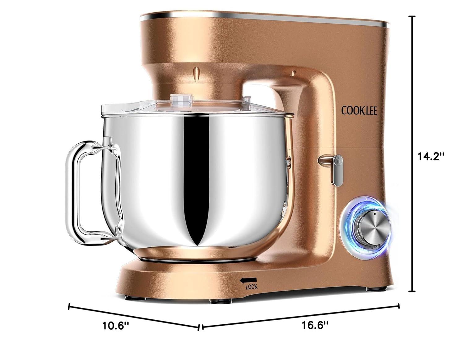 COOKLEE Stand Mixer, 9.5 Qt. 660W 10-Speed Electric Kitchen Mixer with Dishwasher-Safe Dough Hooks, Flat Beaters, Wire Whip & Pouring Shield Attachments for Most Home Cooks, Champagne