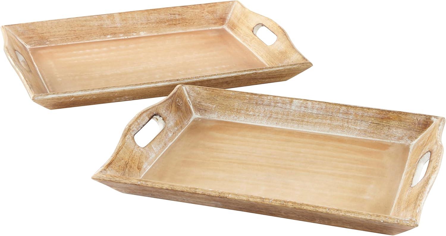 Set of 2 Brown Whitewashed Mango Wood Serving Trays