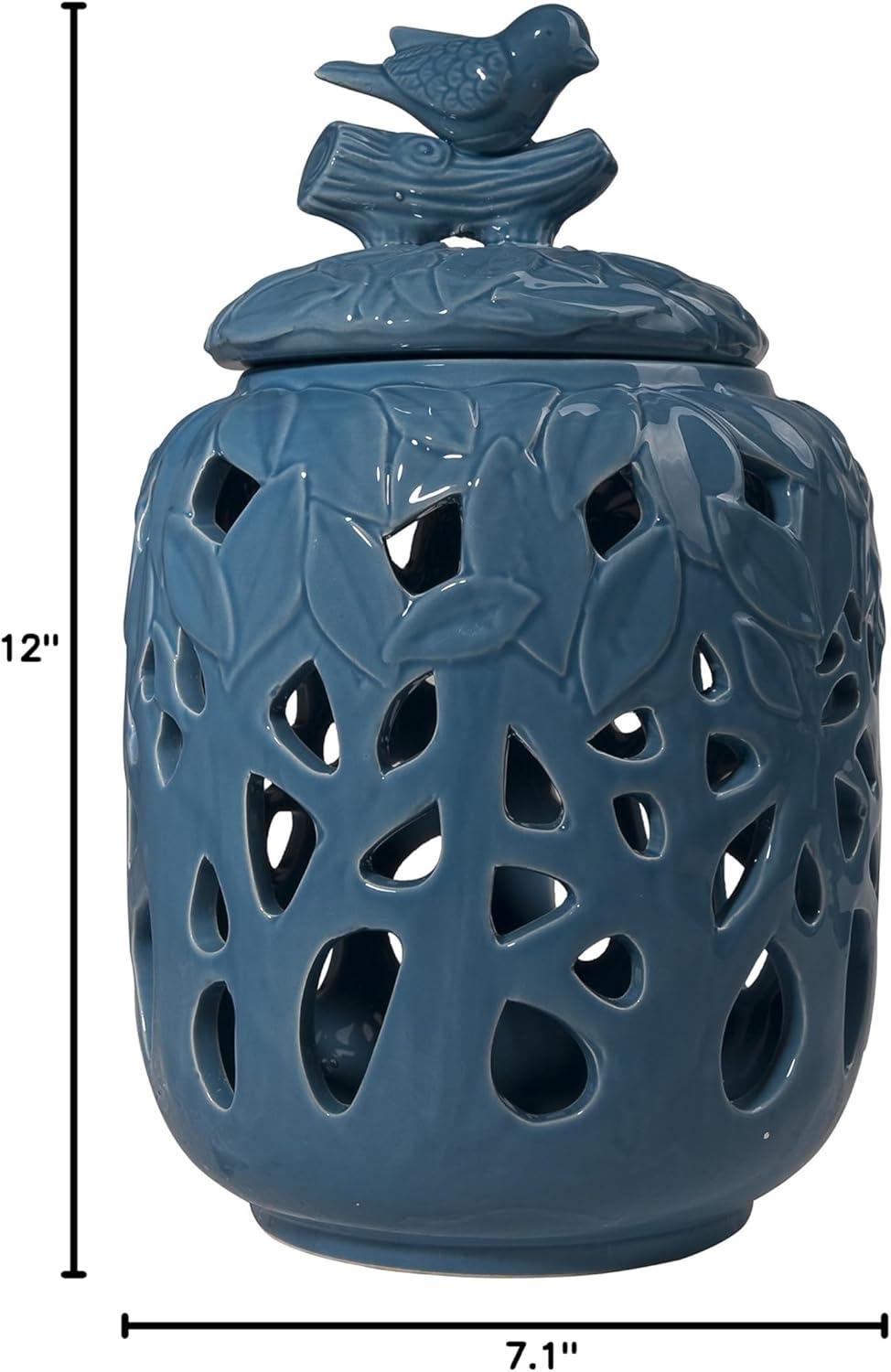 Blue Ceramic Decorative Jar with Bird Finial, 12-Inch