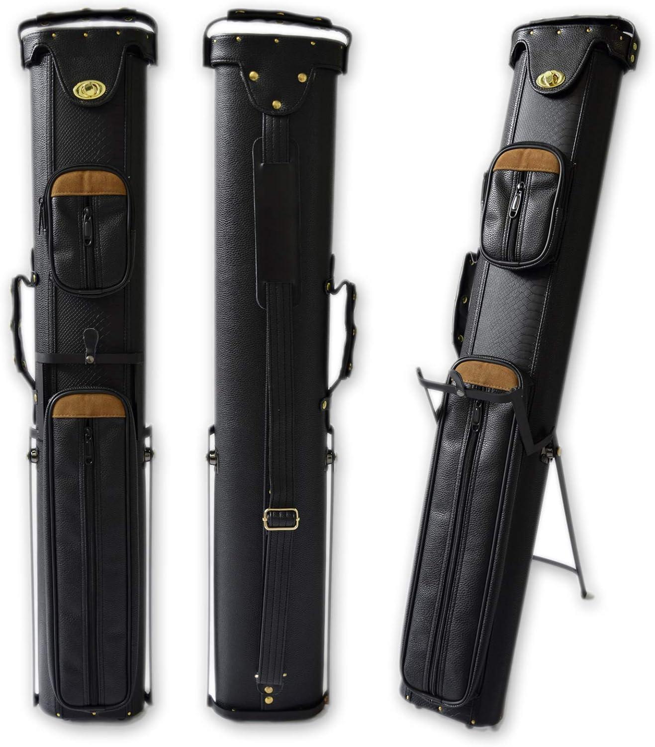 Black Vinyl Hard Pool Cue Case with Stand and Pockets