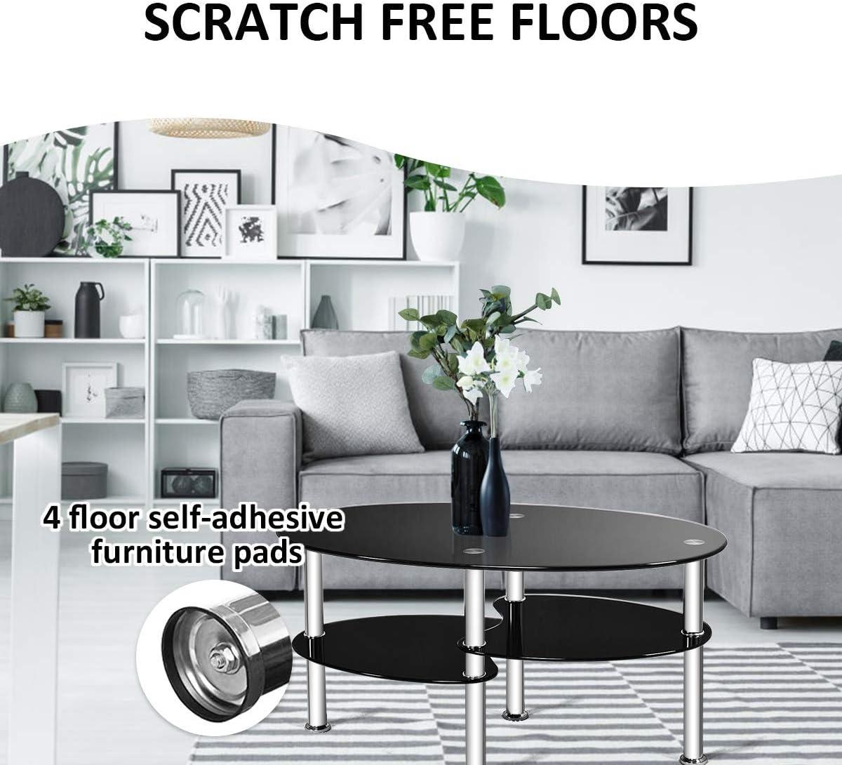 Costway Tempered Glass Oval Side Coffee Table Shelf Chrome Base Living Room Black