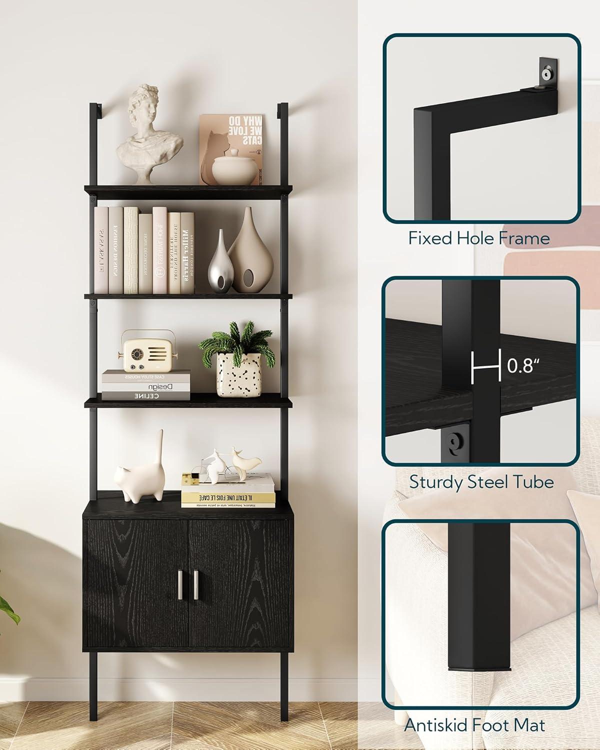 Black Industrial Ladder Bookshelf with Cabinet and Metal Frame